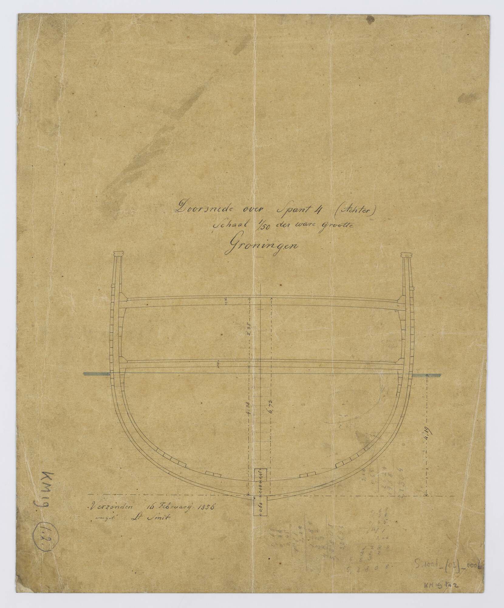 S.1006(02)0006; Dwarsdoorsnede over spant 4 (achteruit) van het schroefstoomschip der tweede klasse Zr.Ms. 'Groningen'; technische tekening