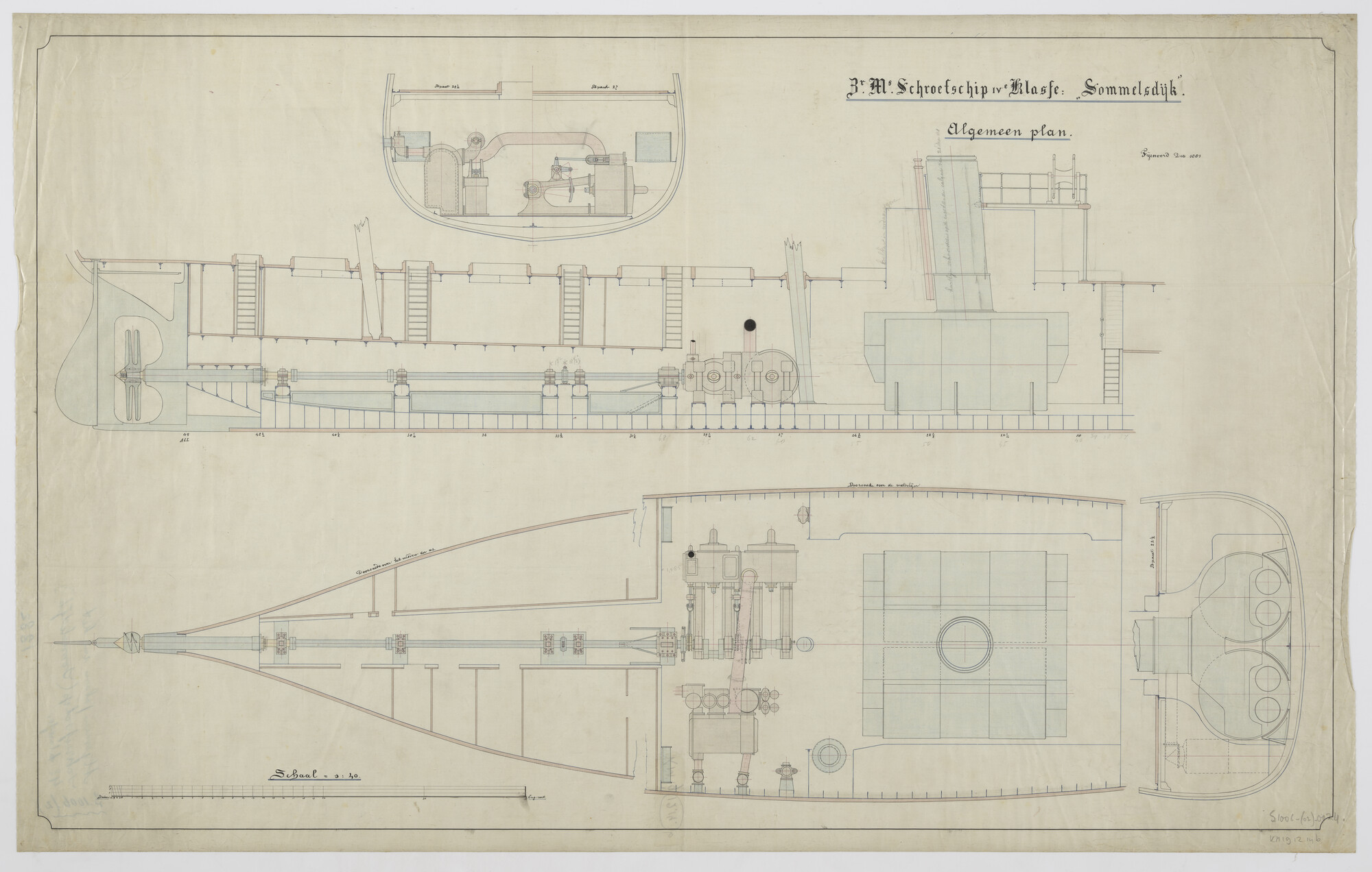 S.1006(02)0024; Langs- en dwarsdoorsneden van het schroefstoomschip Zr.Ms. Sommelsdijk; technische tekening