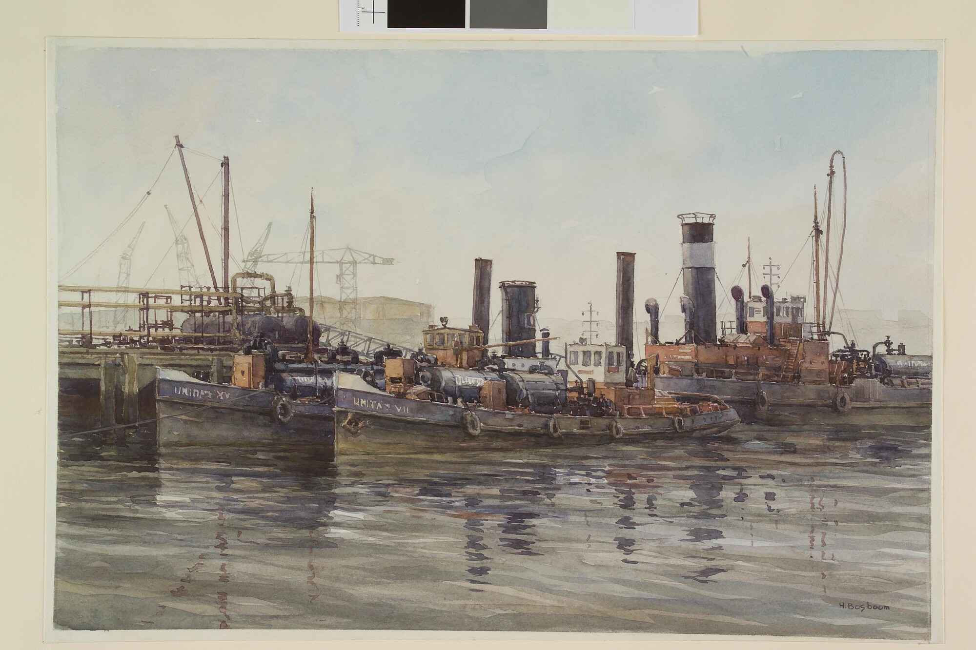 A.5330; Schepen van Tanker Cleaning firma Unitas in de Wilhelminahaven te Schiedam; tekening