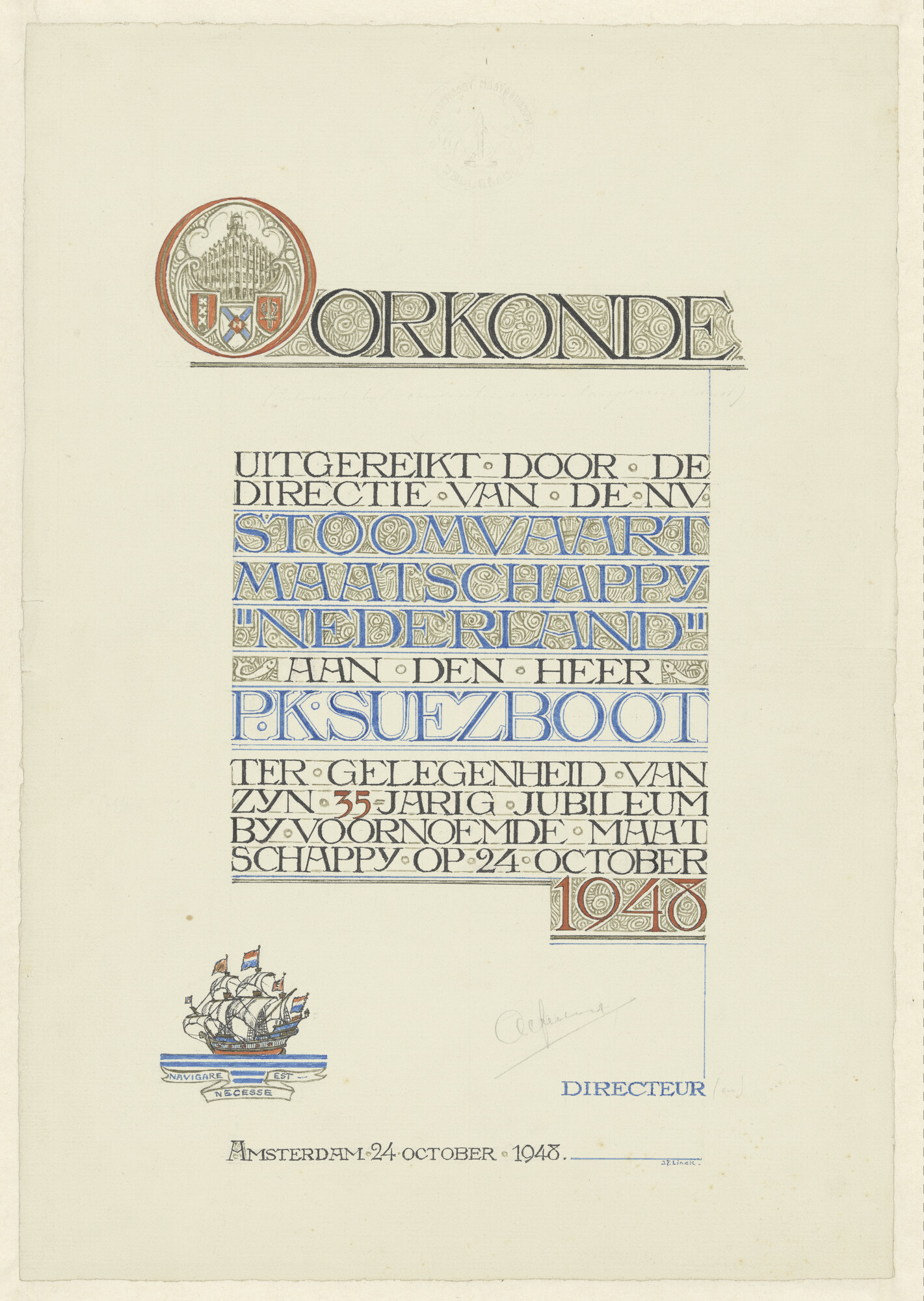 A.5809(02); Ontwerp voor een oorkonde, uit te reiken bij jubilea van de SMN; tekening