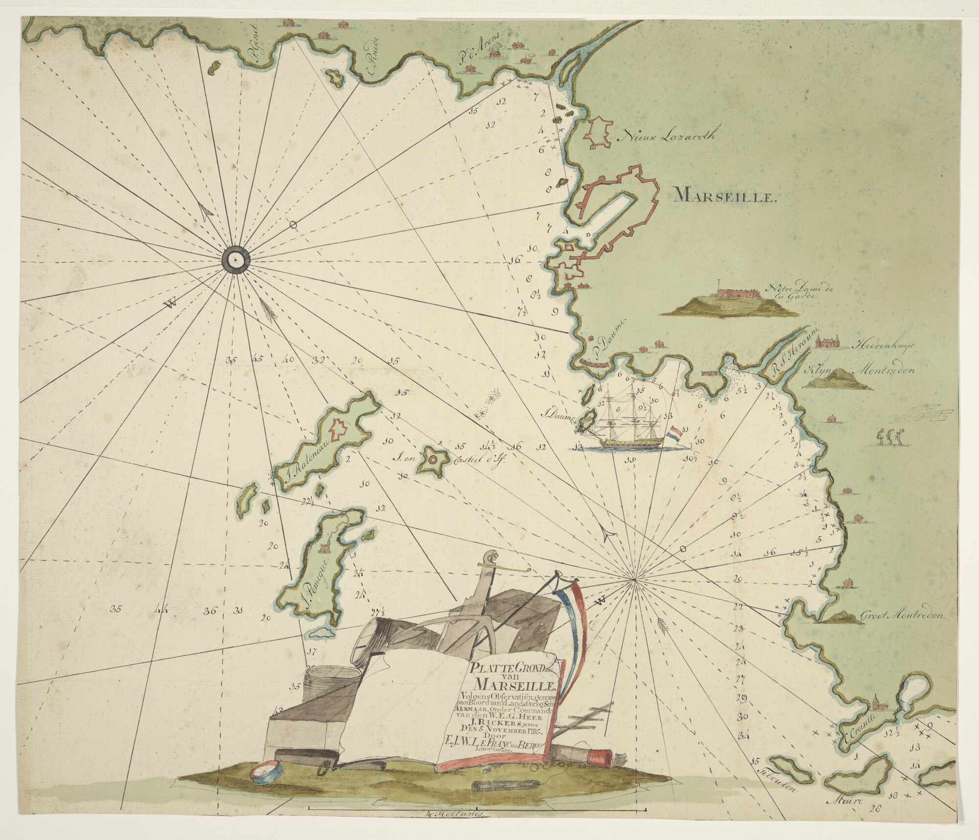 A.1744(01)d; Gekleurde plattegrond van Marseille op 5 november 1785 opgenomen door luitenant ter zee; zeekaart