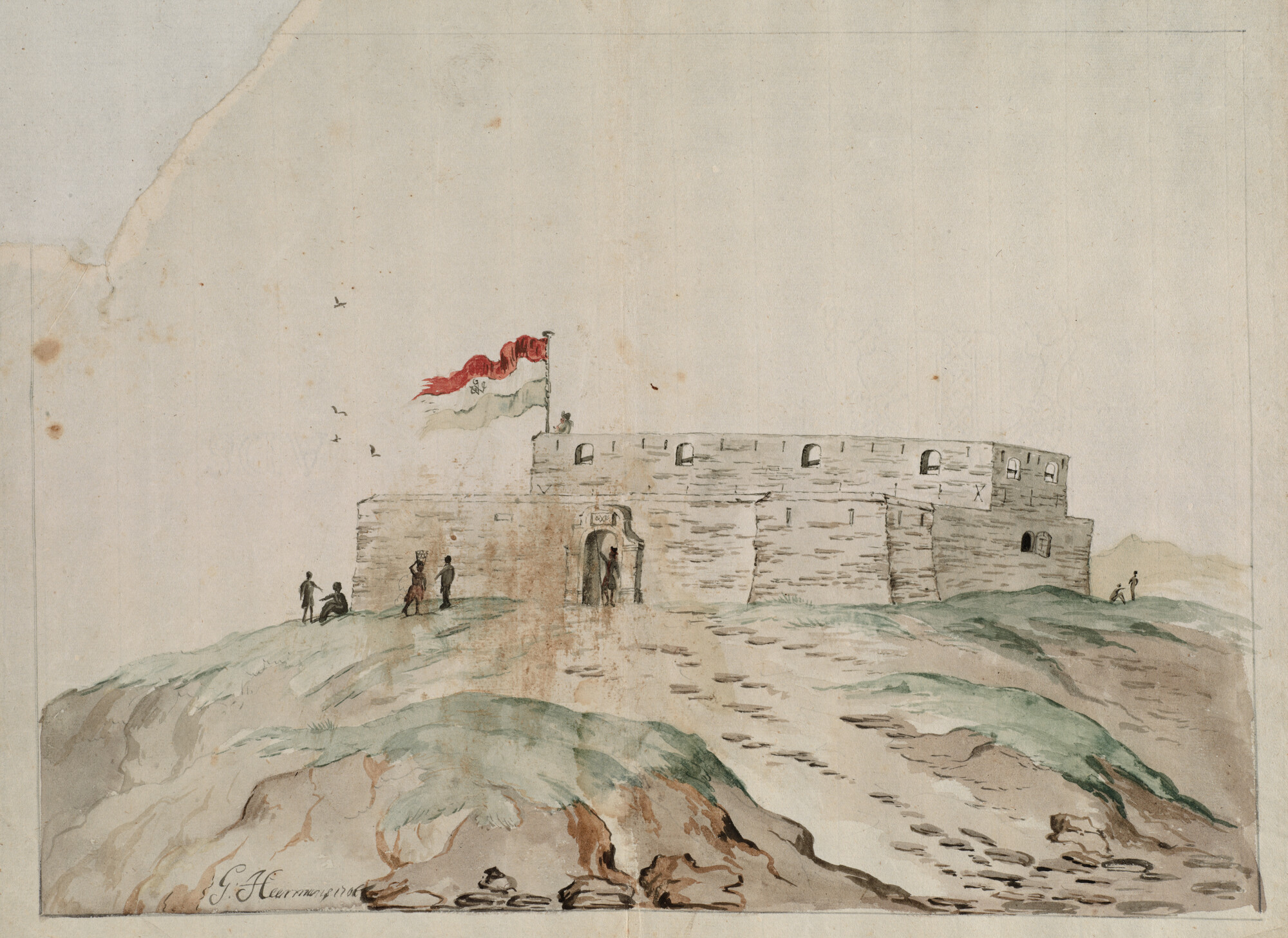2004.5214; Het Nederlandse fort Oranje aan de kust van West-Afrika; tekening