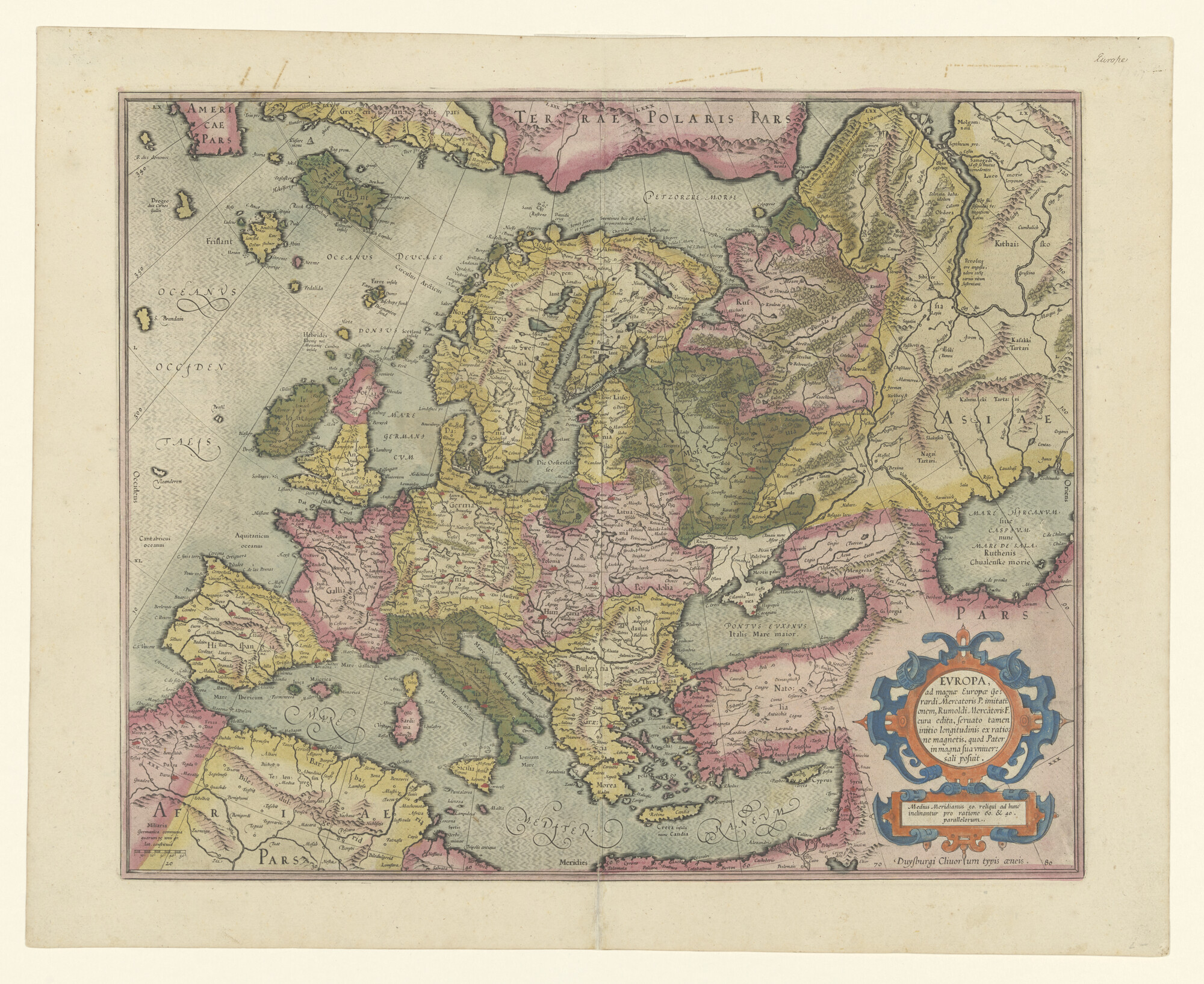 A.0145 [nr 0031]; Met de hand gekleurde kaart van Europa door Gerardus Mercator te Duisburg, met Latijnse tekst, circa 1607; landkaart