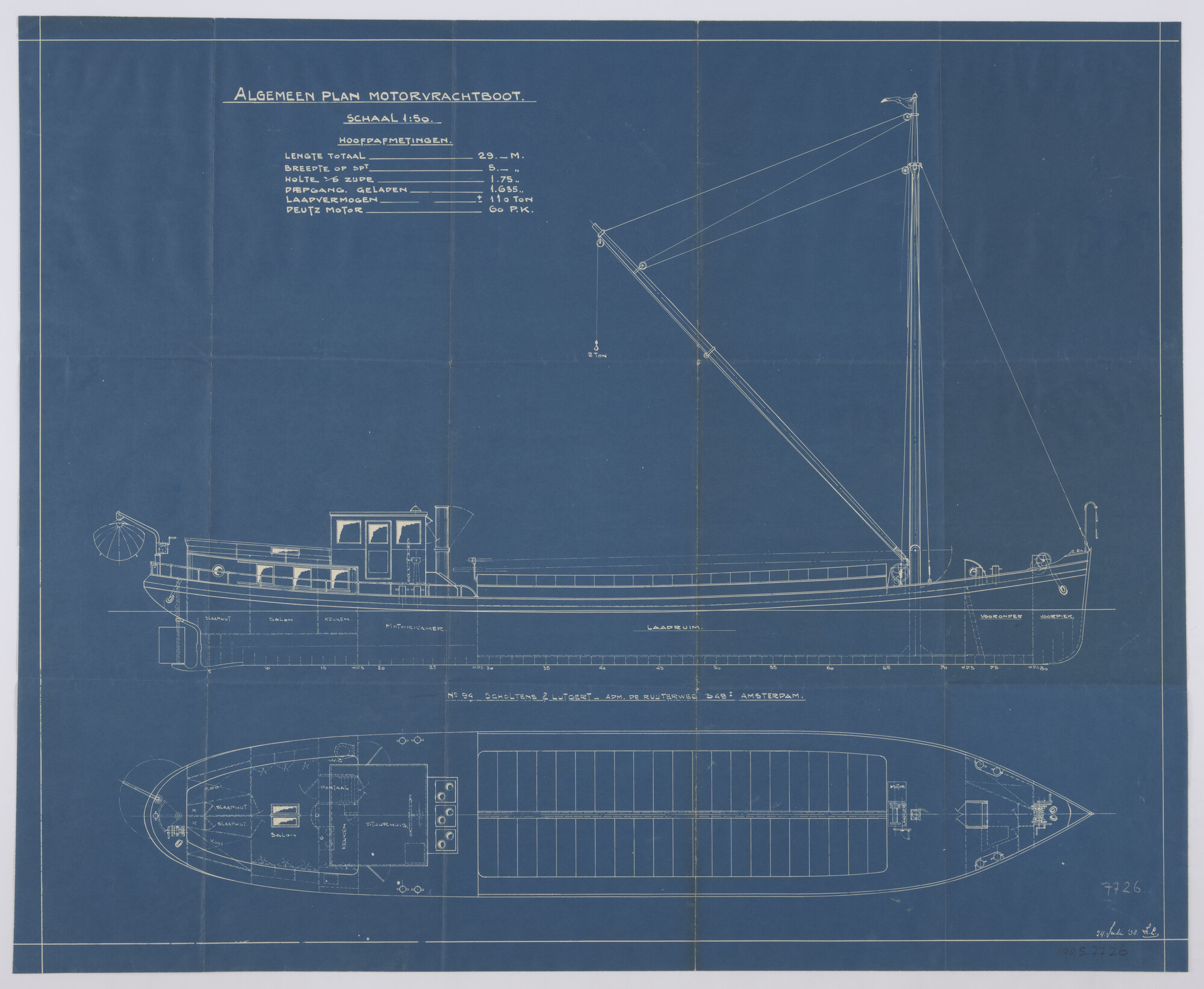 1995.7726; Algemeen plan van het binnenvaart motorvrachtschip Alkmaar; technische tekening