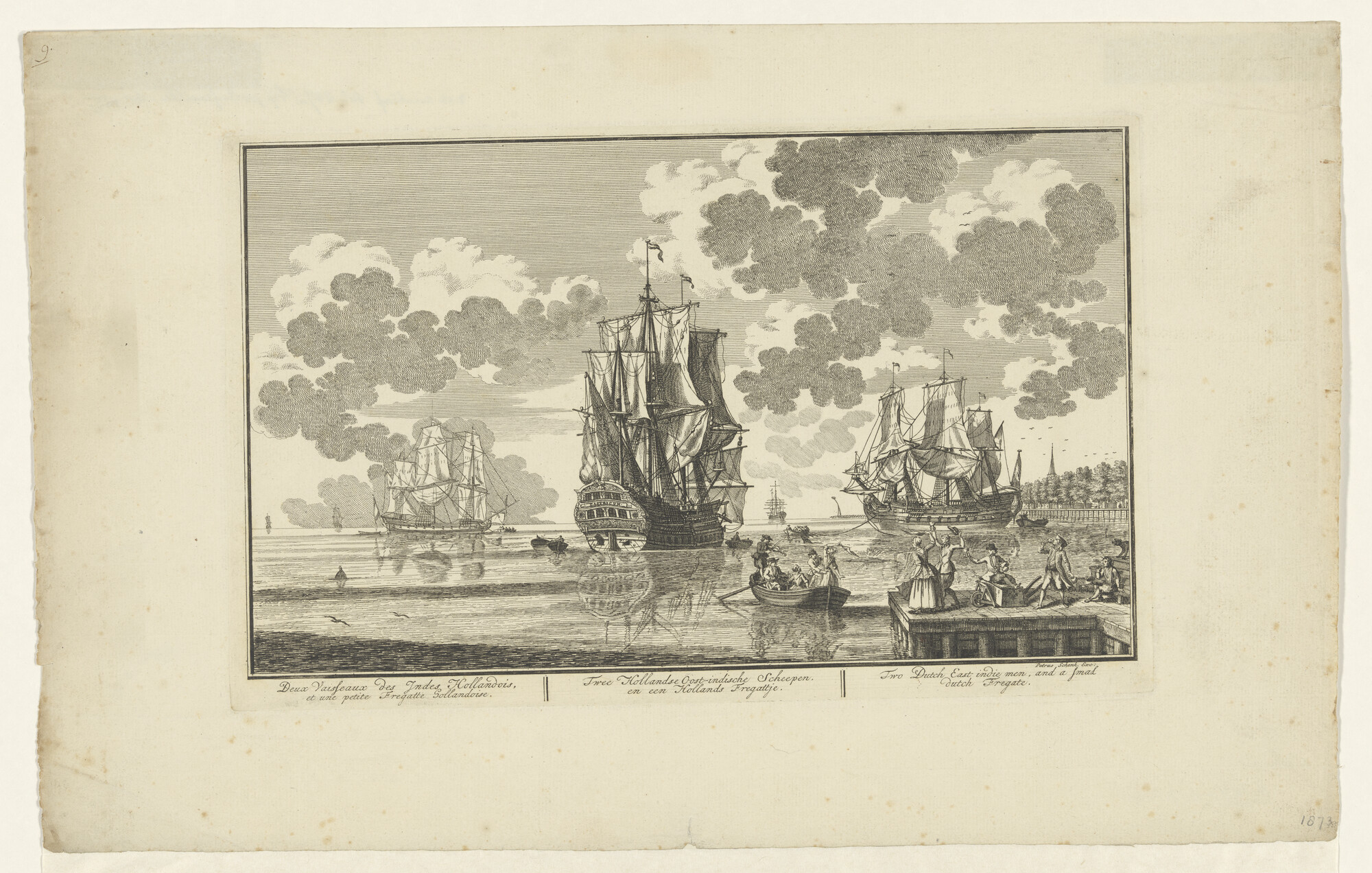 A.0149(0709); Twee Hollandse Oostindische schepen en een hollands fregat in rustig water op een rede; prent