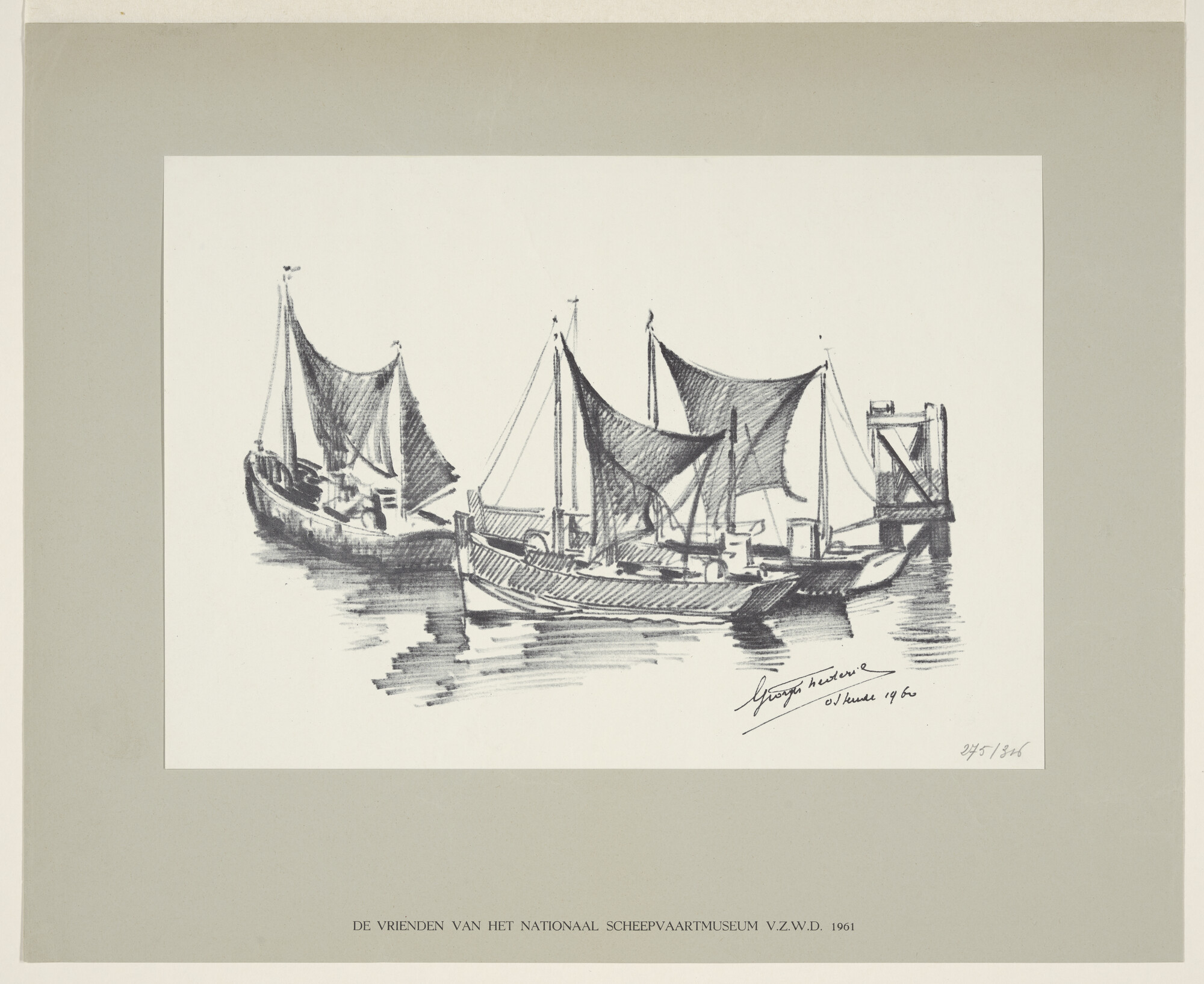 S.3341; Vissersschepen in de haven van Oostende; prent