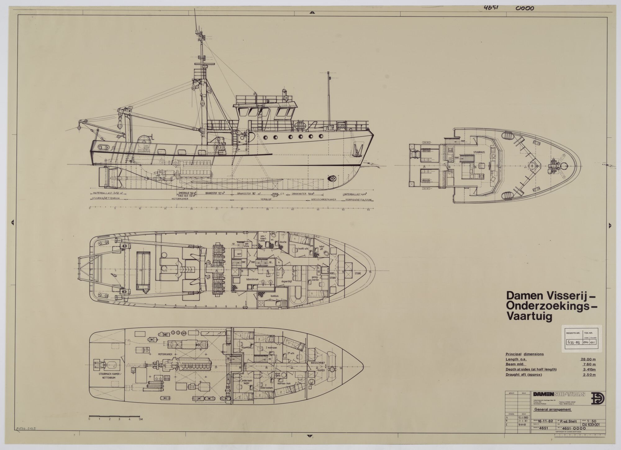 2013.0529; Algemeen plan van het visserij-onderzoekingsvaartuig Isis van 28 meter; technische tekening