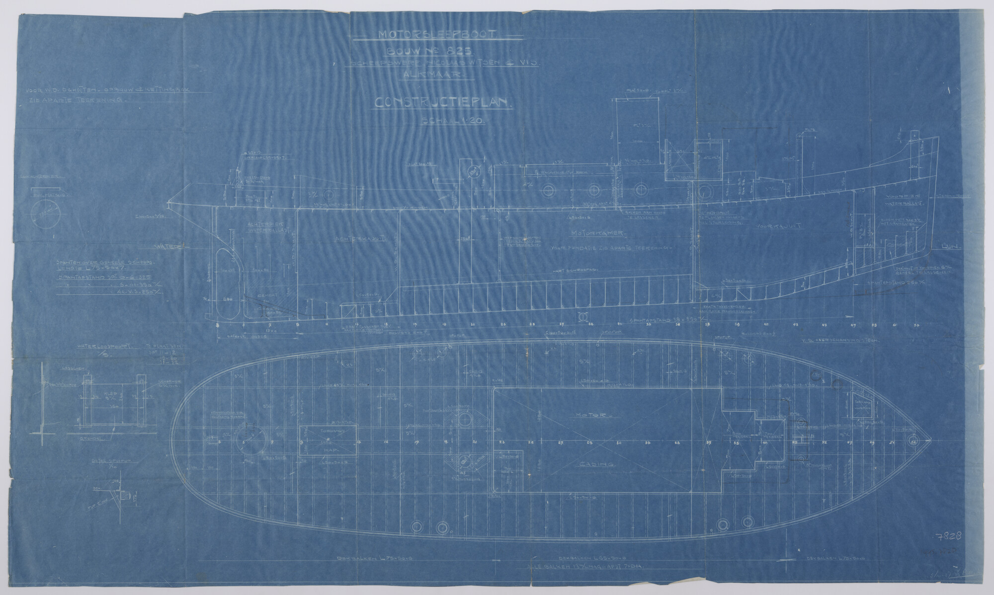 1995.7828; Constructieplan voor een binnenvaart motorsleepboot; technische tekening