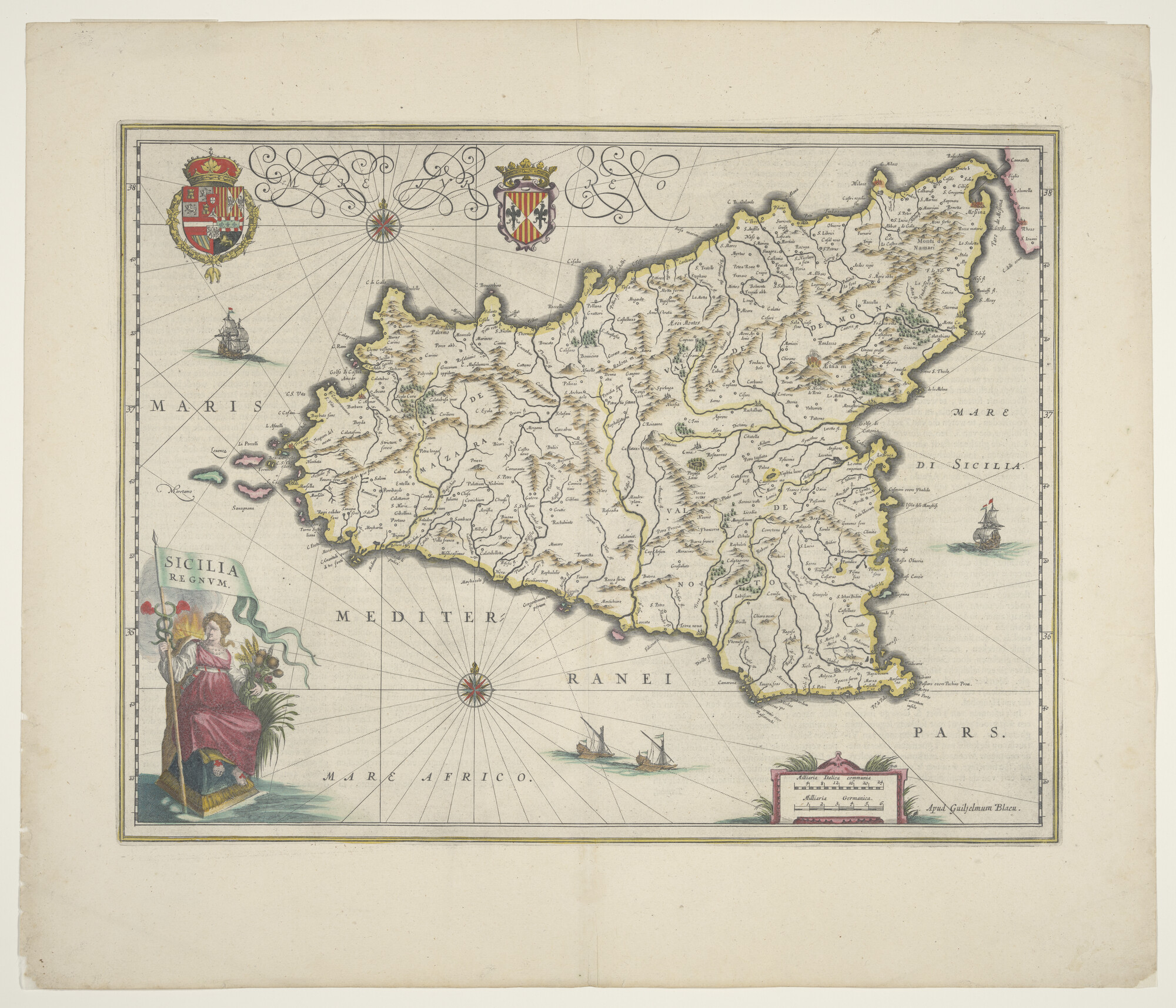 A.3845(01)038; Met de hand gekleurde kaart van Sicilië; landkaart