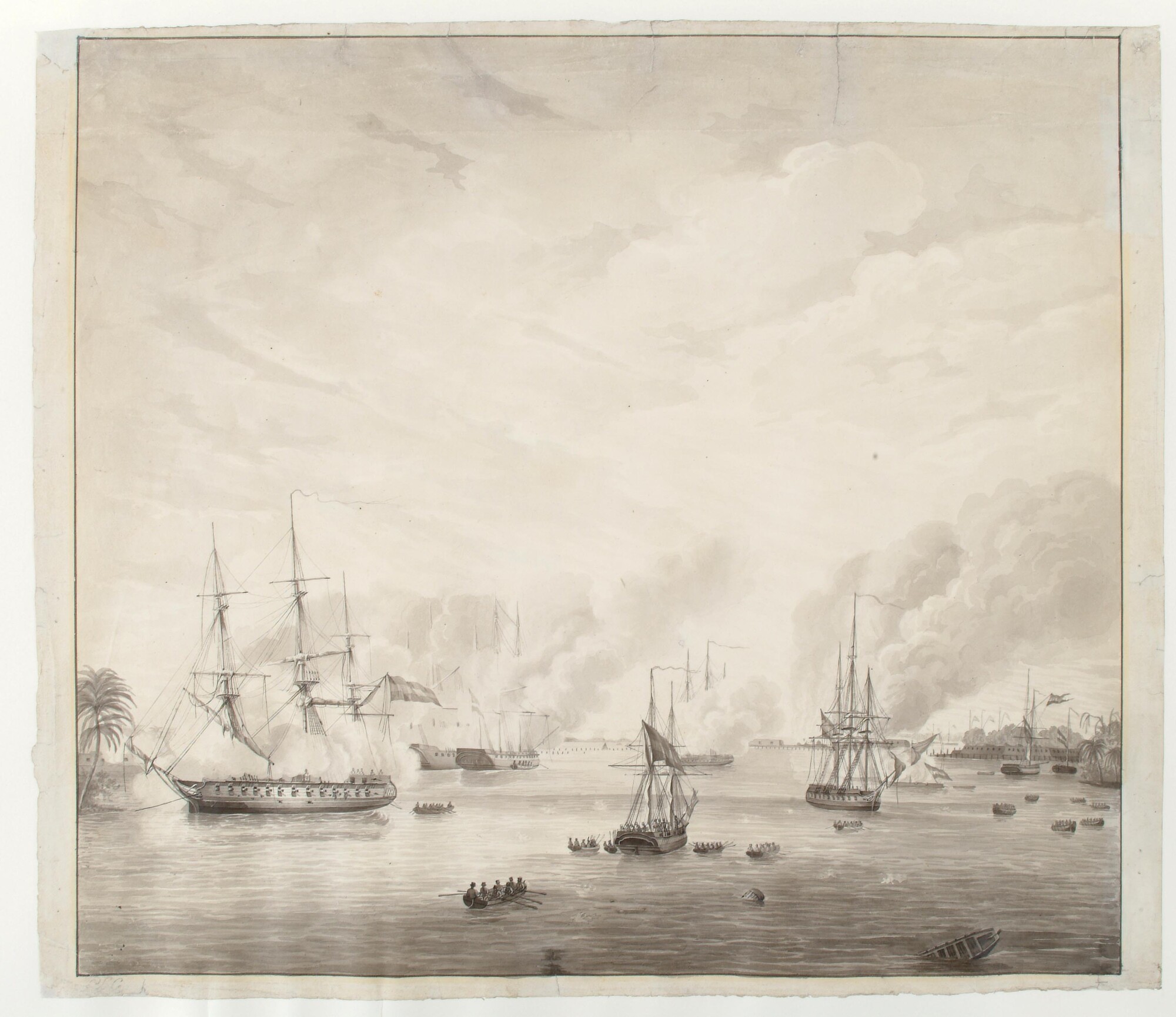 B.0107(03); De beschieting van Palembang, 24 juni 1821; tekening