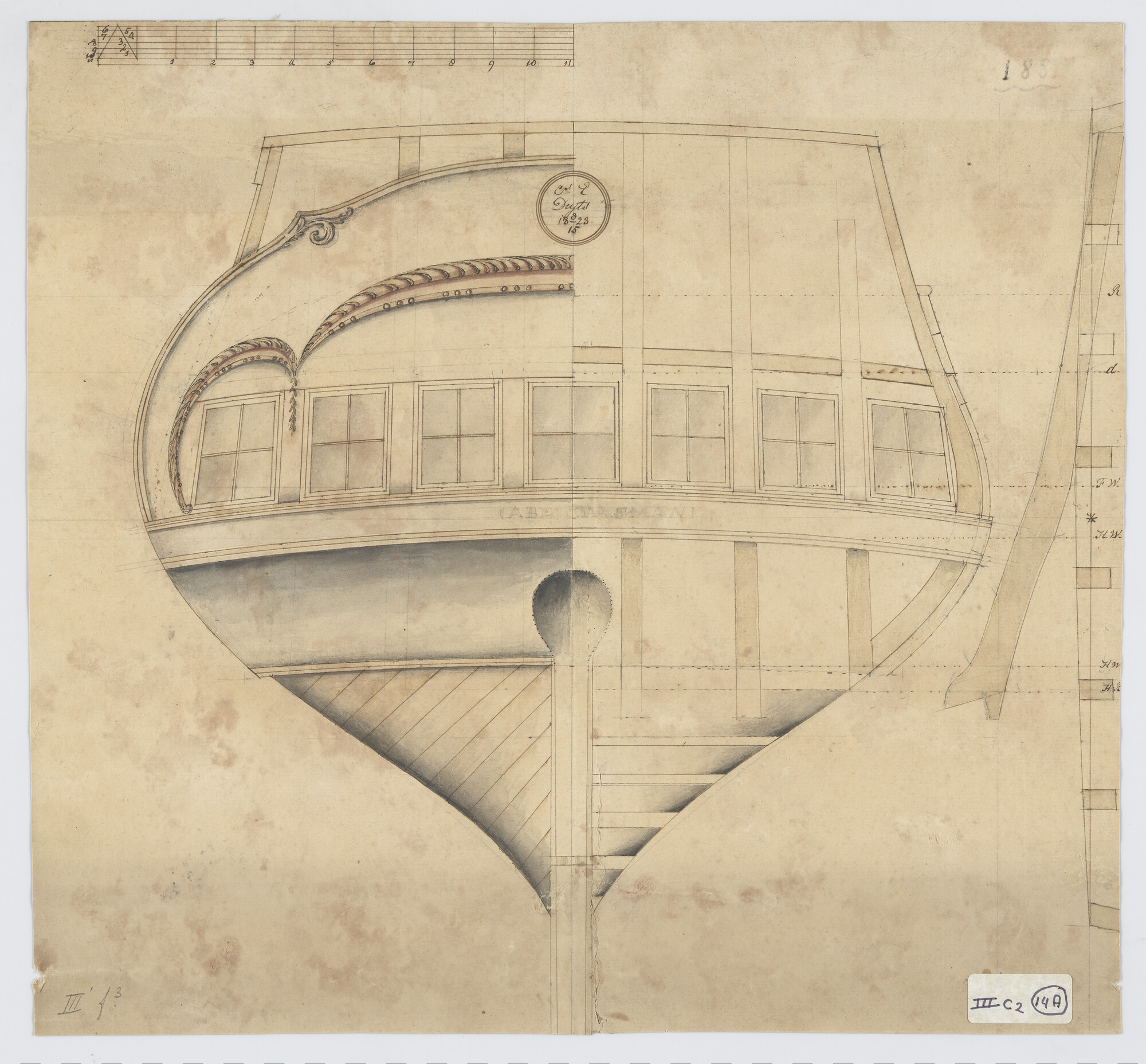 S.0188(23)25; Spiegel met versiering van het fregatschip 'Abel Tasman'; technische tekening