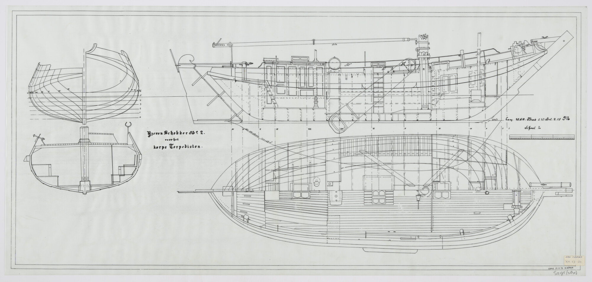 S.2175(4890); Doorsneden en spantenraam van de ijzeren schokker no. 2 voor het Korps Torpedisten; technische tekening