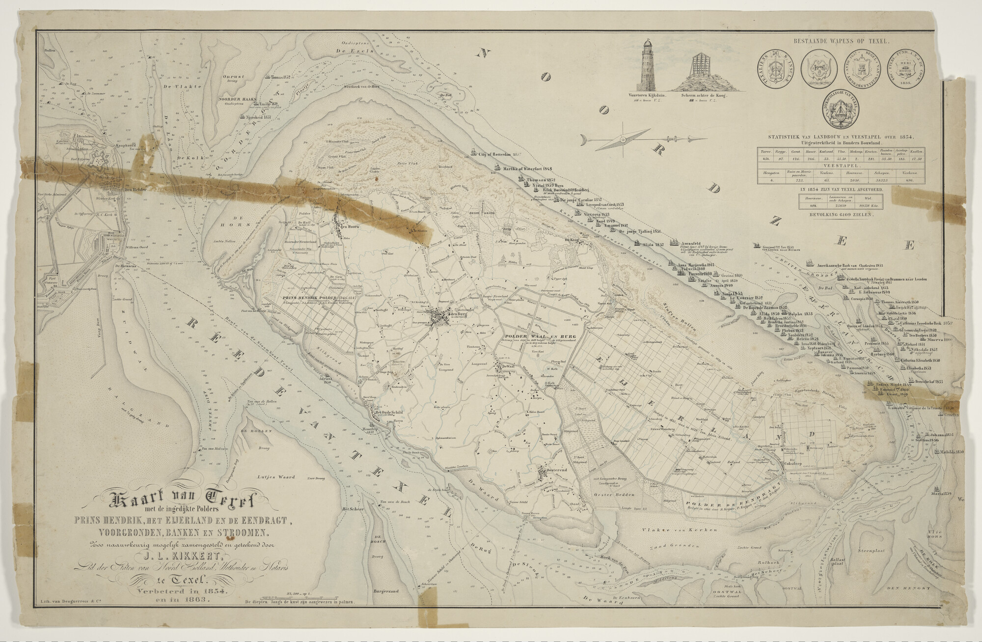 S.2625(03); Kaart van Texel met de ingedijkte polders Prins Hendrik, Eijerland en de Eendragt; landkaart