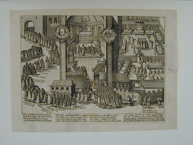 A.0145(027)345; Hertog Frederik van Württemberg door de Engelse koning Jacobus I tot ridder in de Orde van de Kousenband geslagen, 16 november 1603; prent