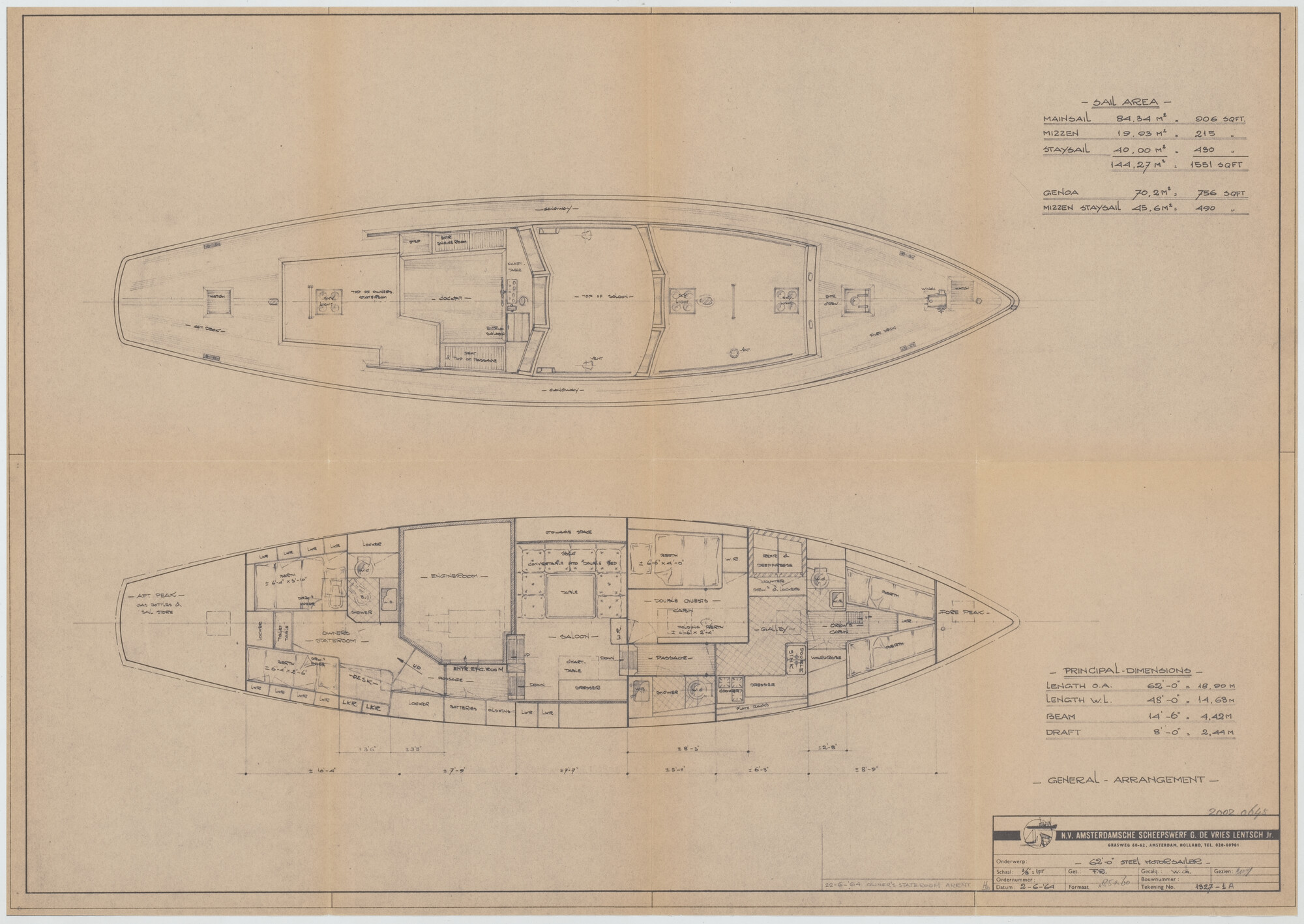 2002.0645; Algemeen plan van een 62 voets (19 meter) stalen motorsailer; technische tekening