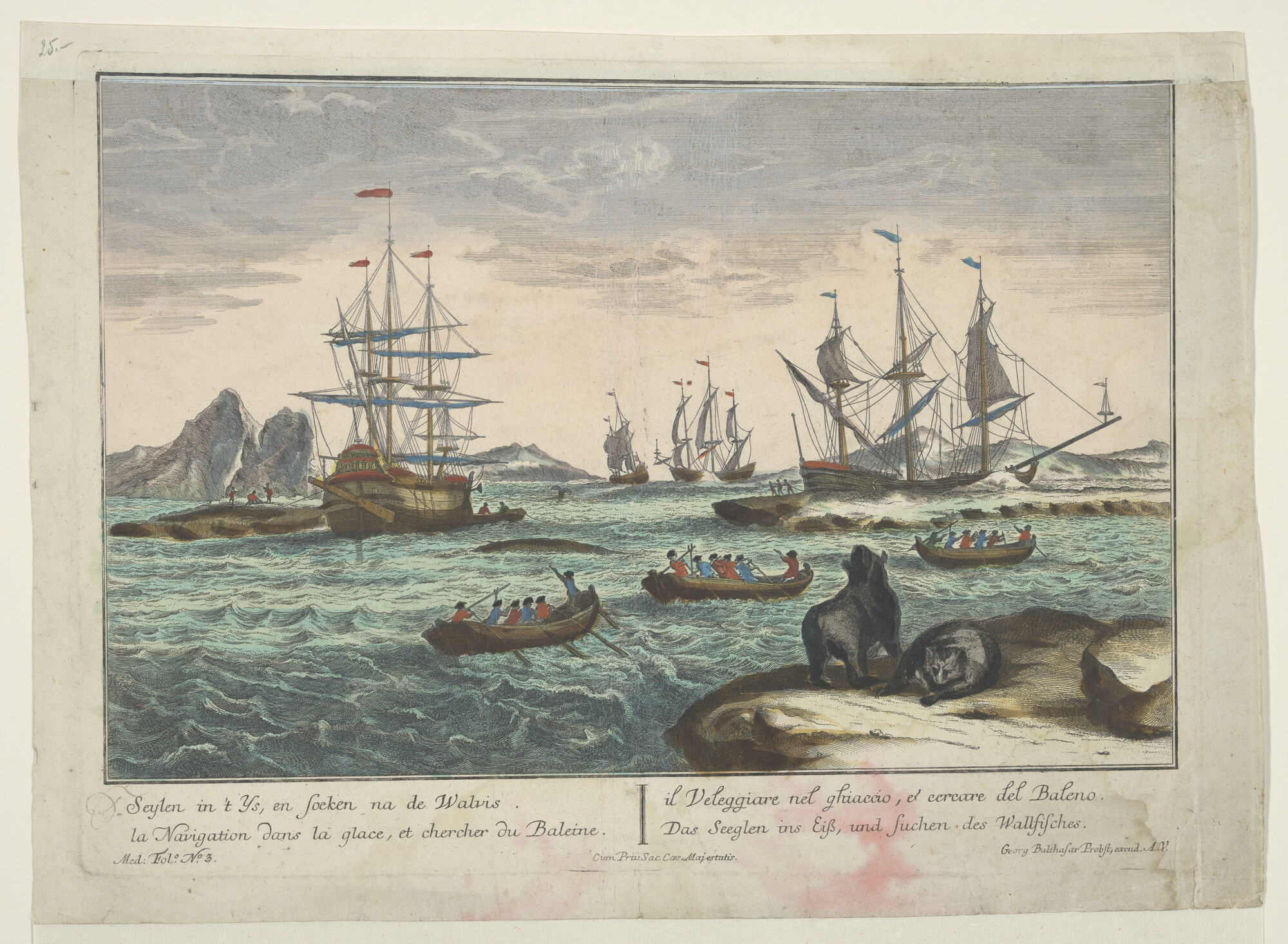 A.2897(04)d 1; De Walvisvangst: het zeilen tussen de ijsschotsen en het zoeken van de walvis; prent