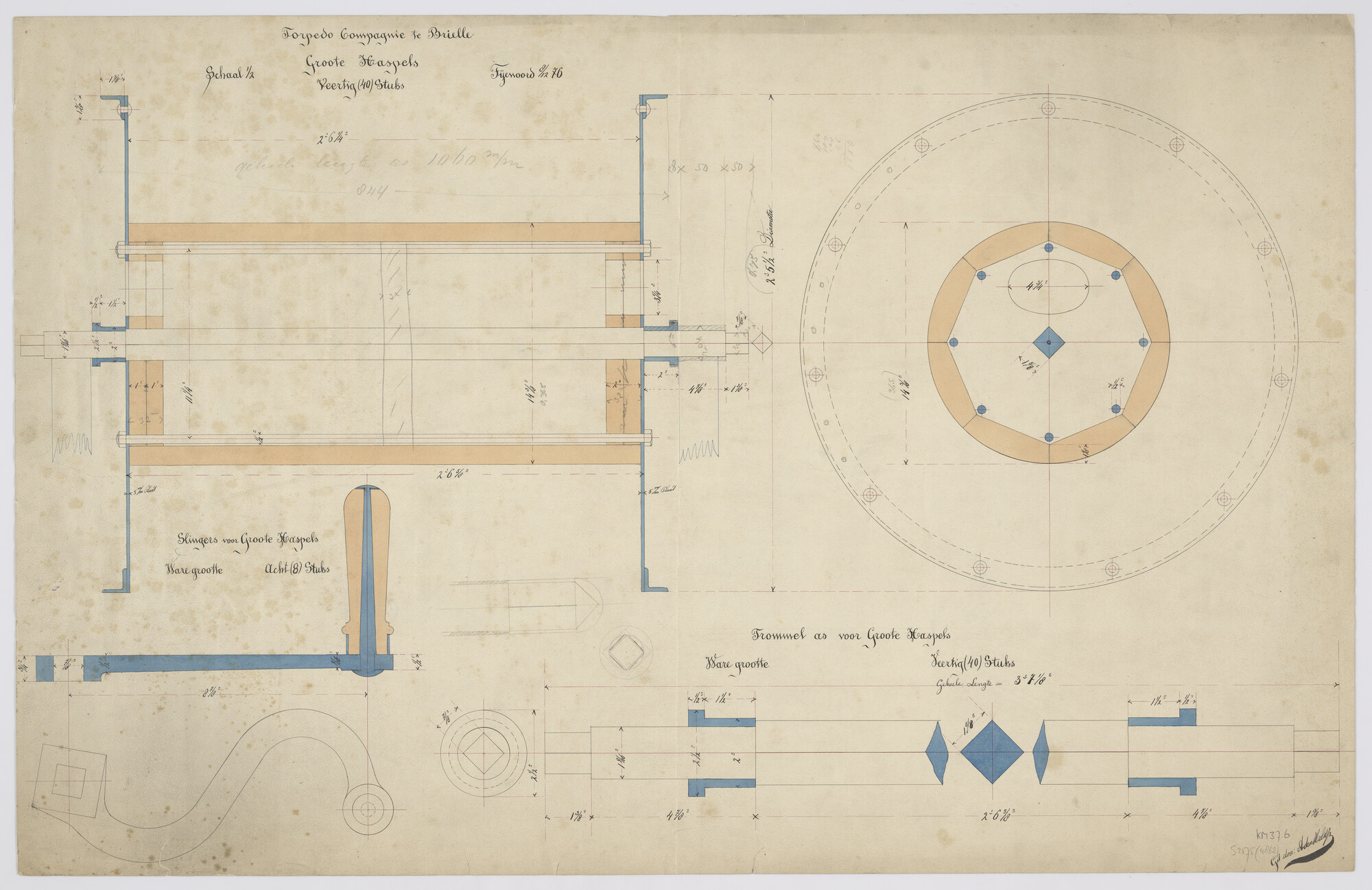 S.2175(4862); Doorsneden van de grote haspels met slingers en trommel as; technische tekening