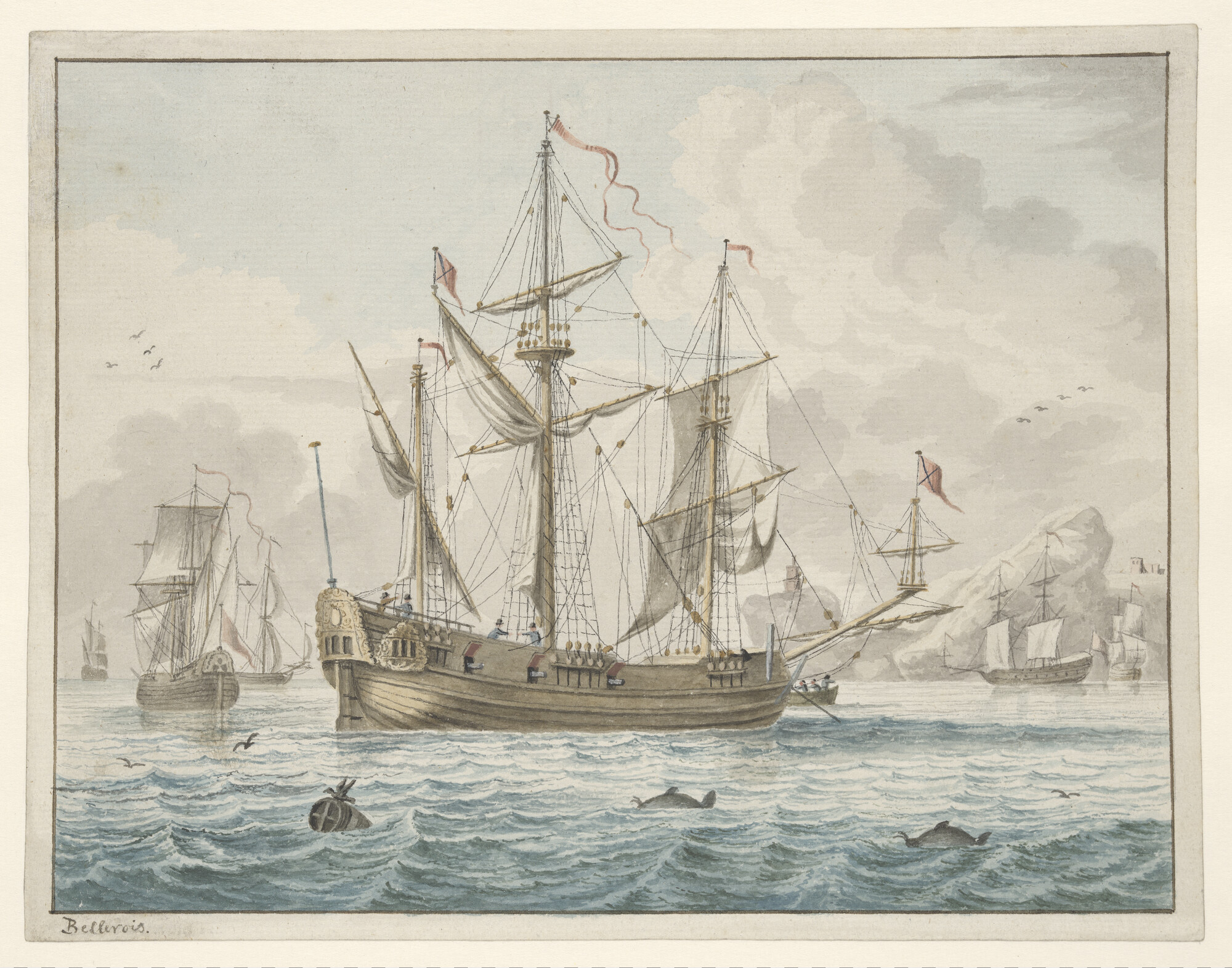 A.0410(05); Een Engels fluitschip getuigd als barketijn; tekening