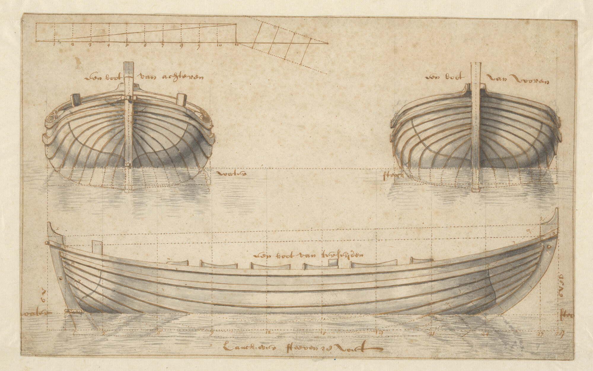 A.0149(0871); Zij-, voor- en achteraanzicht van een chaloup van 28 voet; technische tekening