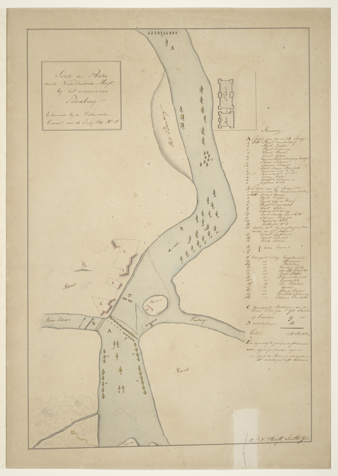 A.0944(04); Plattegrond van de verovering van Palembang,1821; tekening