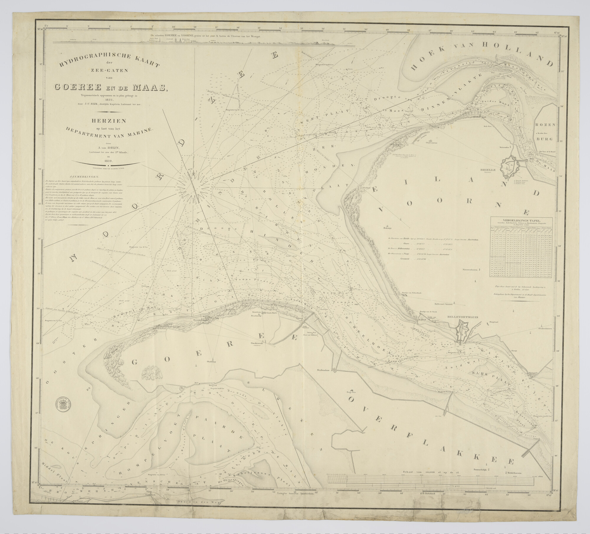 A.0355(01) [nr 0001]; Kaart van de zeegaten van Goeree en de Maas door J.C. Rijk in 1823, herzien door A. van Rhijn op last van het Departement van Marine, Den Haag, 1839; zeekaart