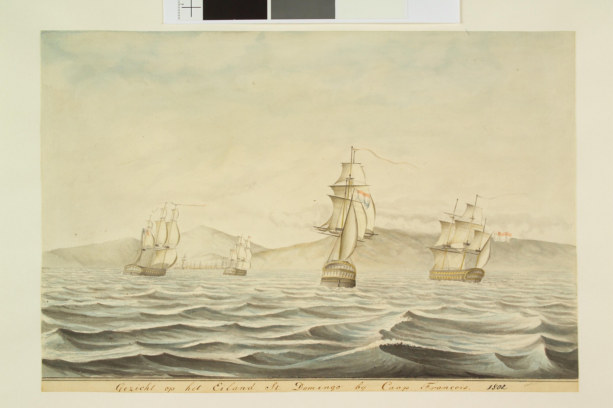 S.1277(01)15; Een eskader Nederlandse oorlogsschepen op de rede van Santo Domingo bij Kaap François; tekening