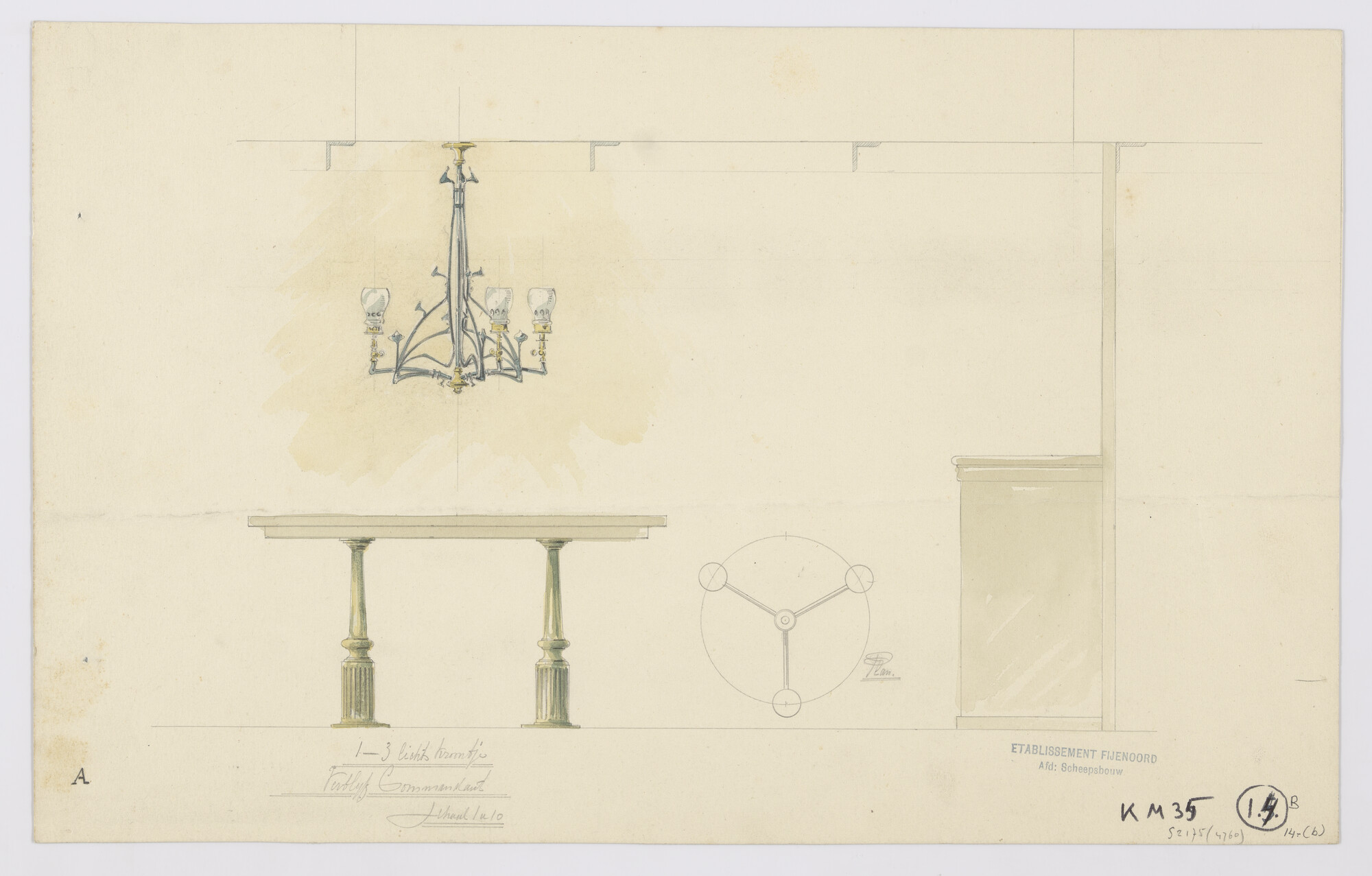 S.2175(4760); Ontwerp tafel met lichtkroon; technische tekening