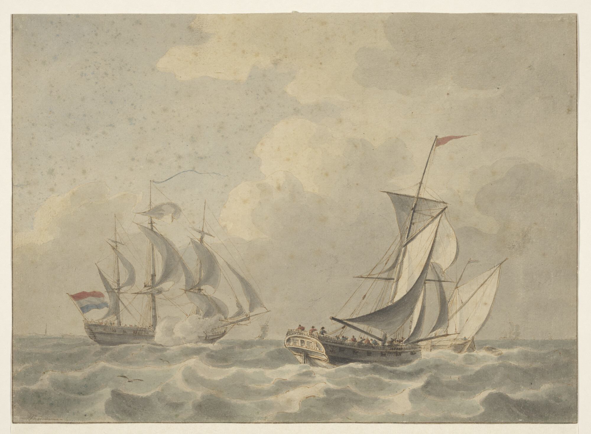 A.2049(01); Een oorlogskotter en oorlogskorvet onder zeil in open water; tekening