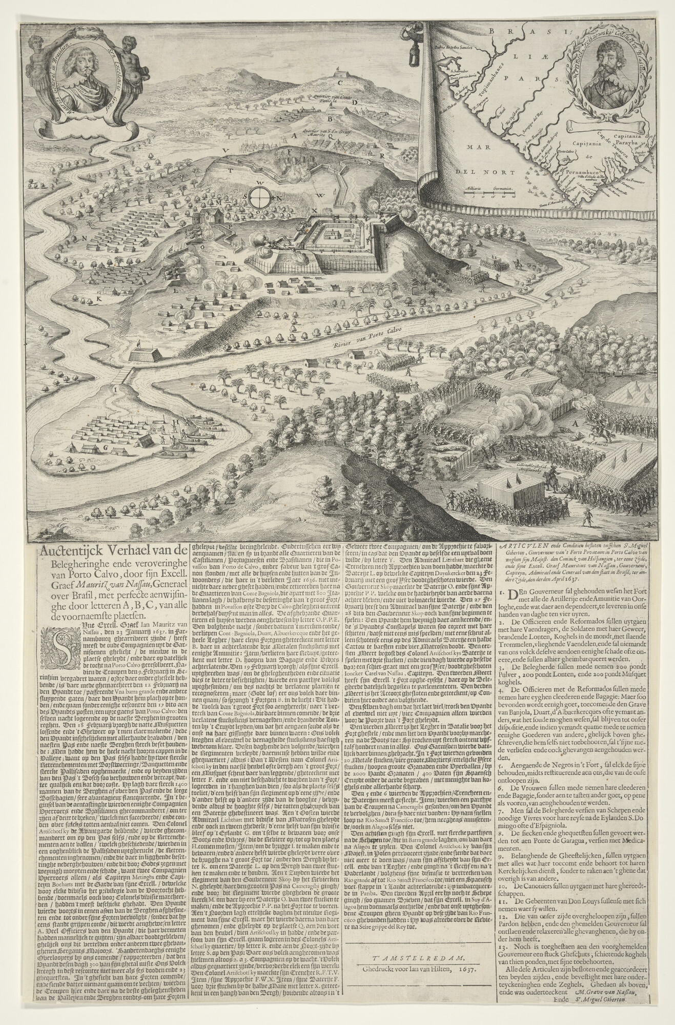 A.0145(134); Nieuwsprent van de belegering van Porto Calvo in Brazilië, met de portretten van Johan Mautis van Nassau en Christoffel Artichewsky; prent