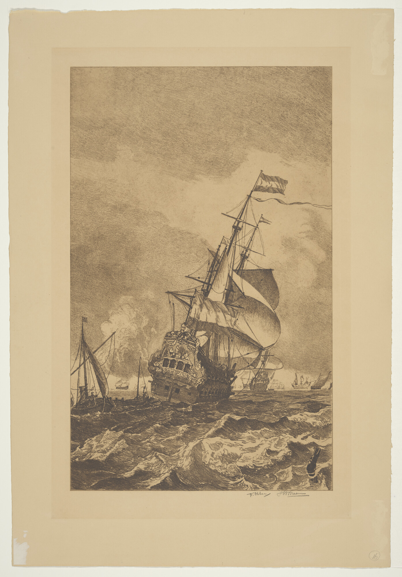 S.1423 b(02); De terugkomst van Michiel de Ruyter en gedeputeerden aan boord van de Hollandia; prent