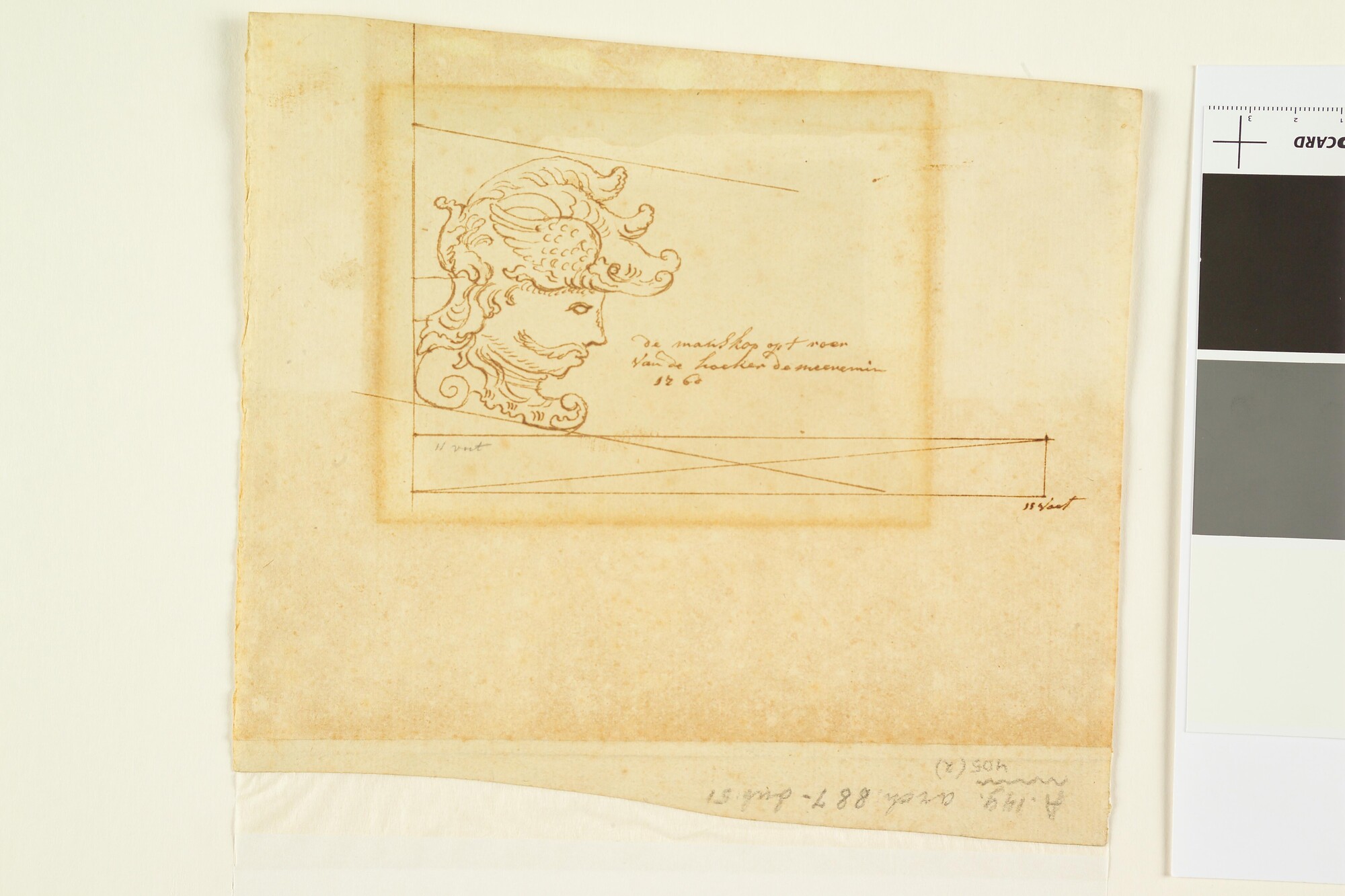 A.0149(0405)2; Tekening van een roerkop in de vorm van een man met een helm in de vorm van een vis; tekening