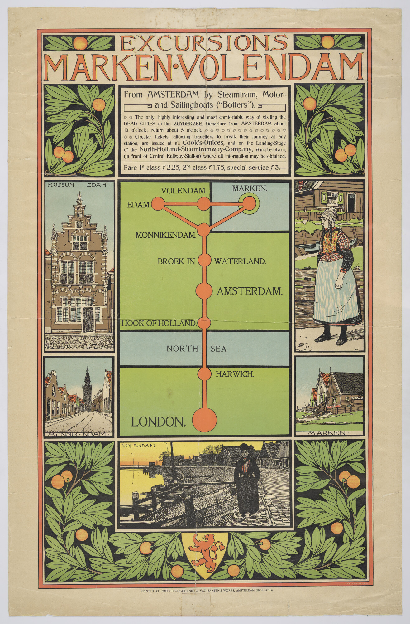 1989.0225; Reclame van de Noord Hollandsche Stoomtram Compagnie over uitstapjes naar Marken en Volendam; affiche