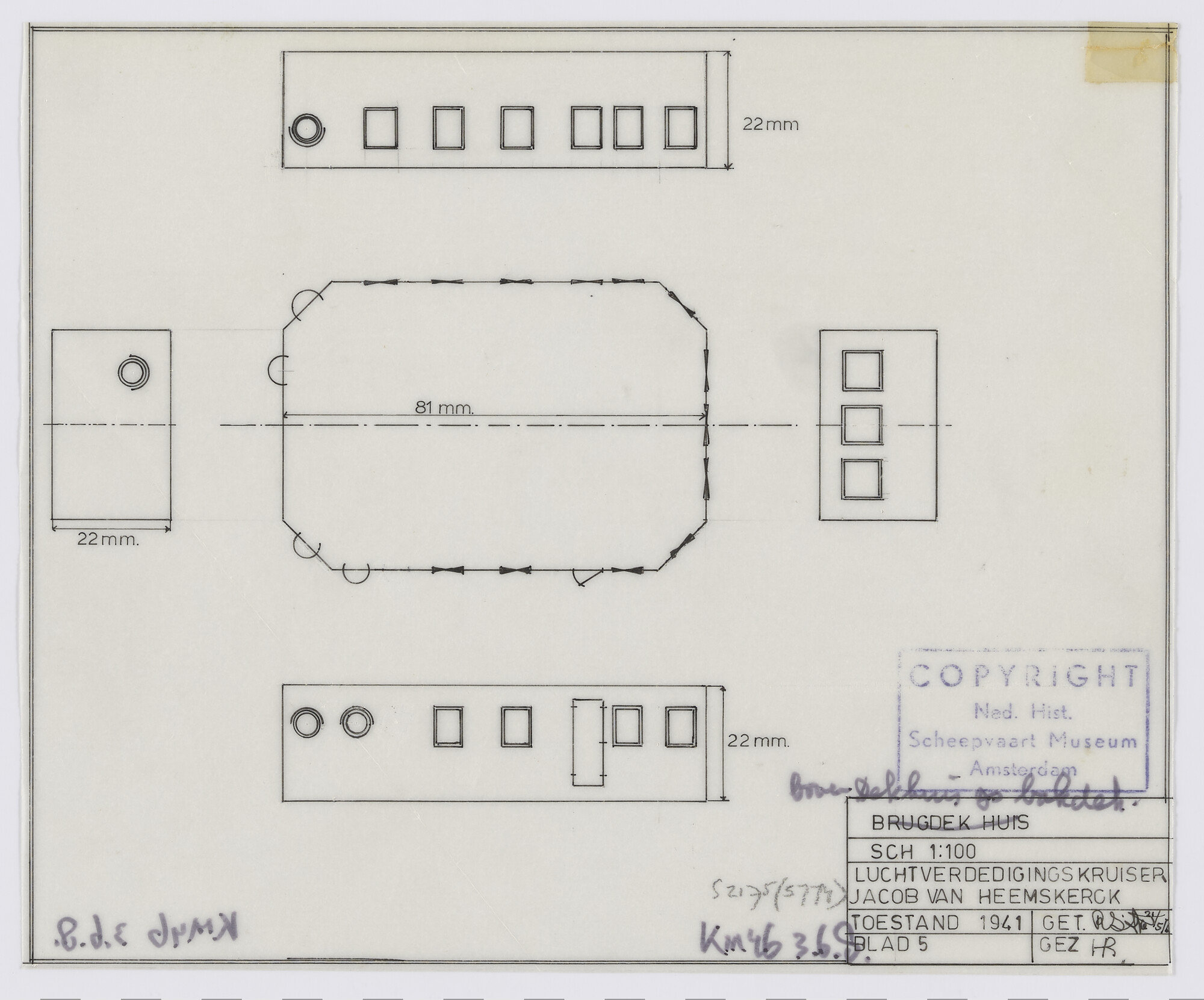 S.2175(5774); Doorsneden en aanzichten van het brugdek van de luchtverdedigingskruiser Hr.Ms. 'Jacob van Heemskerck' (1941); technische tekening