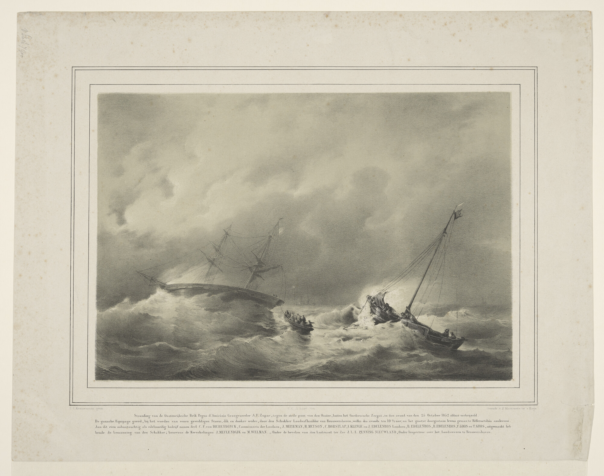 A.0132(02)07; Stranding van het Oostenrijkse schip 'Pegno d'Amicizia' in het Goereese Gat; prent
