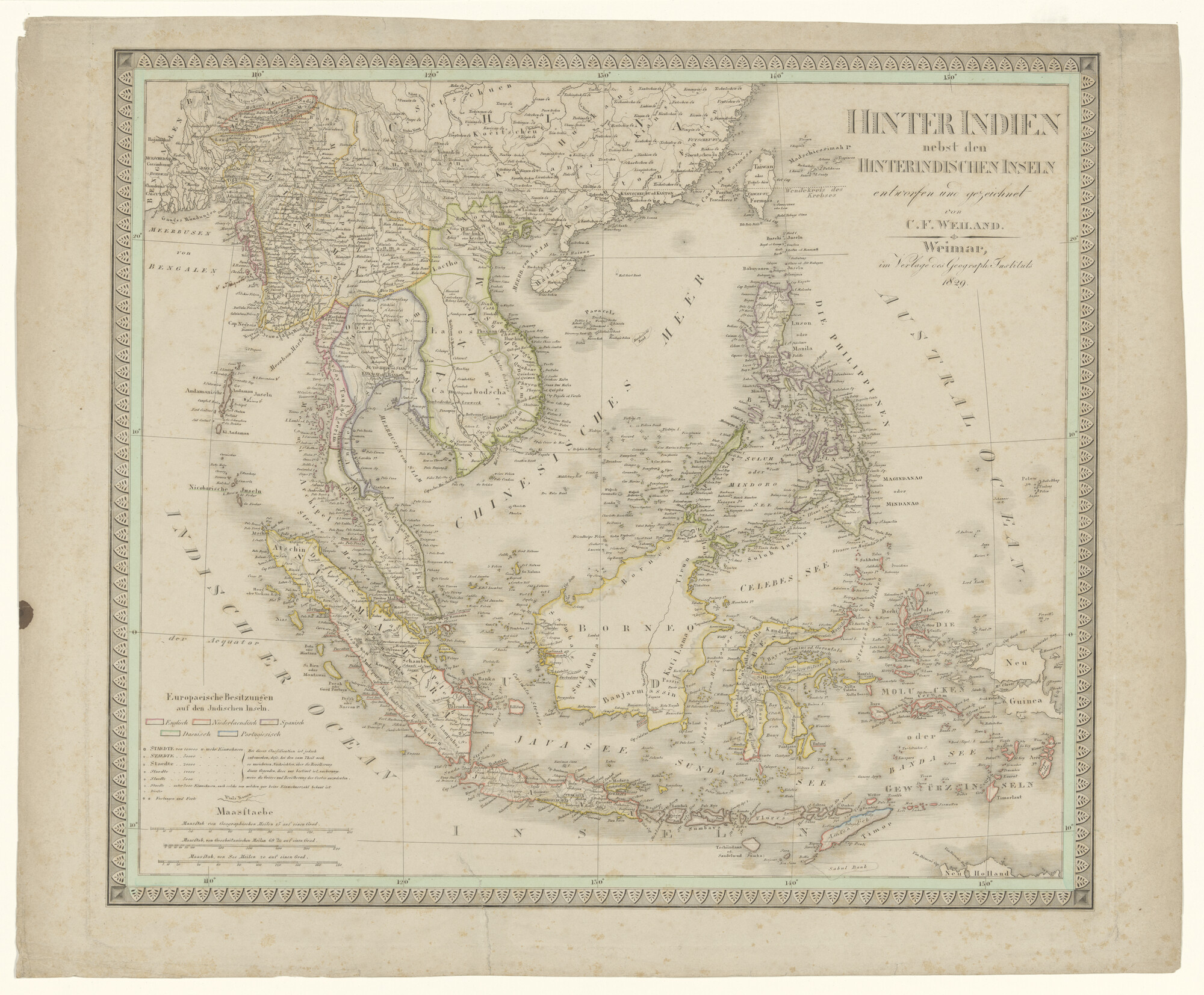 S.0521(153); Met de hand gekleurde kaart van Achter-Indië Indonesië en de Filipijnen; landkaart