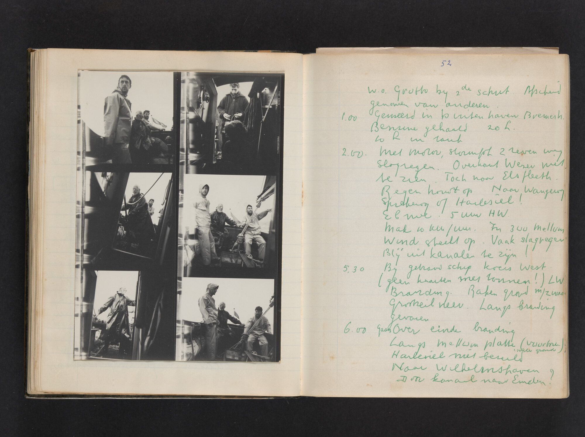 2017.0802; Logboek c.q. fotoalbum van reizen met zeeschouw Grutto (II) in Nederland, Duitsland en Denemarken, 1973-1974; logboek