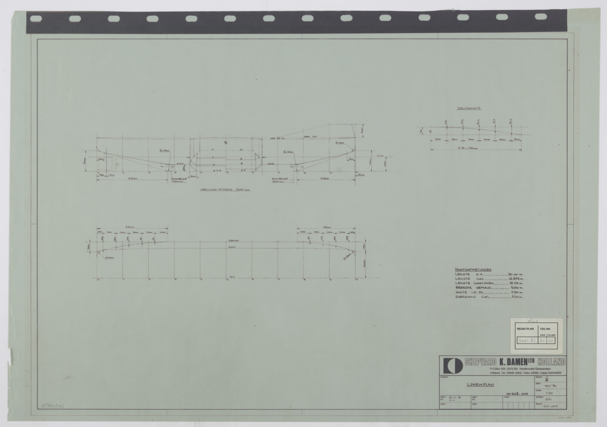 2013.0539; Lijnenplan van het duikwerkvaartuig Koet van 20.40 meter; technische tekening