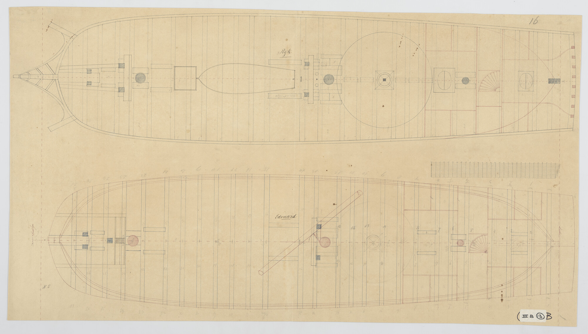 S.0247(38); Bovendek van de koopvaardijfregatten 'Rijk' en 'Edouard'; technische tekening