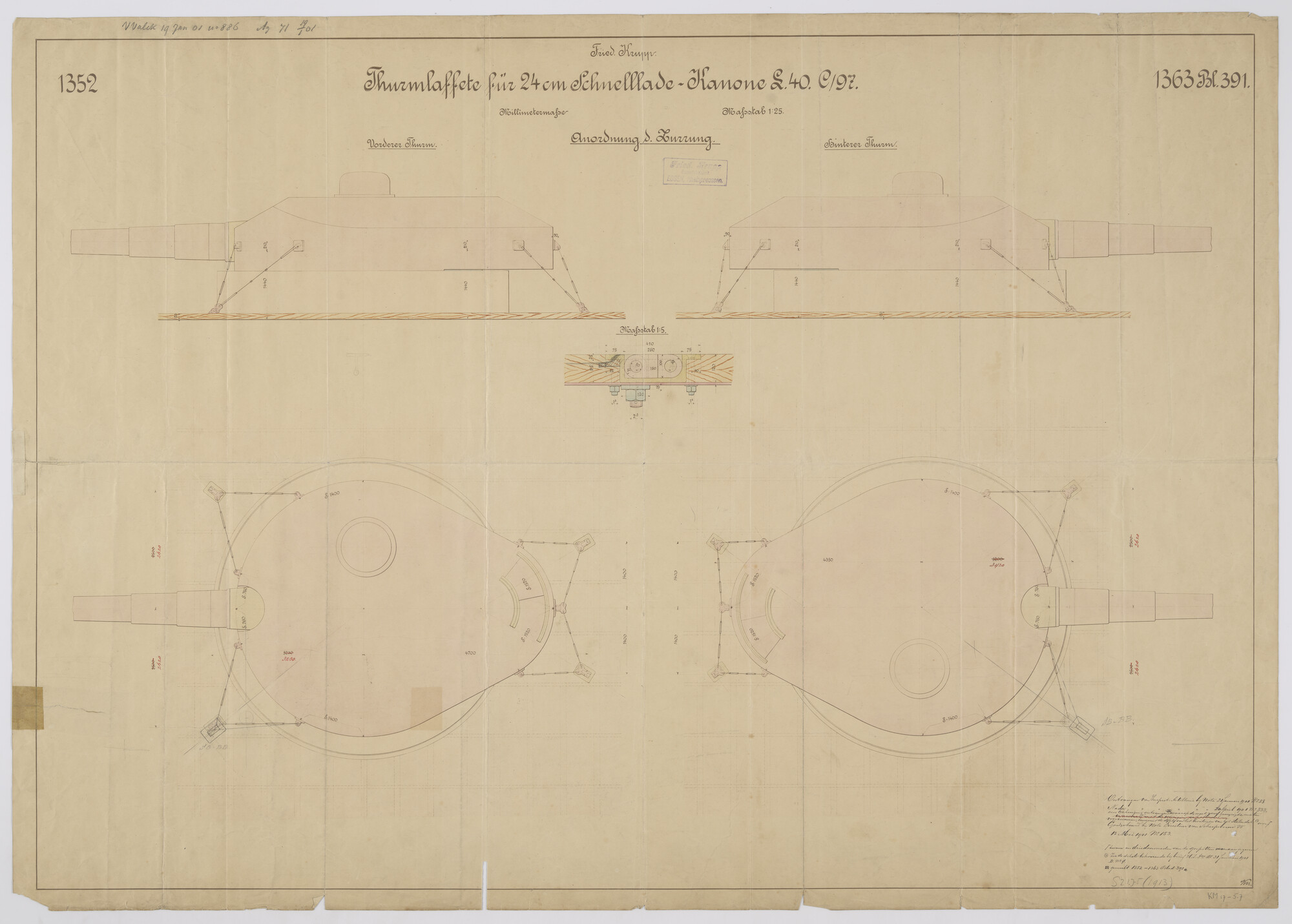 S.2175(1913); Sjorring aan dek van de beide kanons 24 cm van het pantserschip Hr.Ms. 'Koningin Regentes'; technische tekening