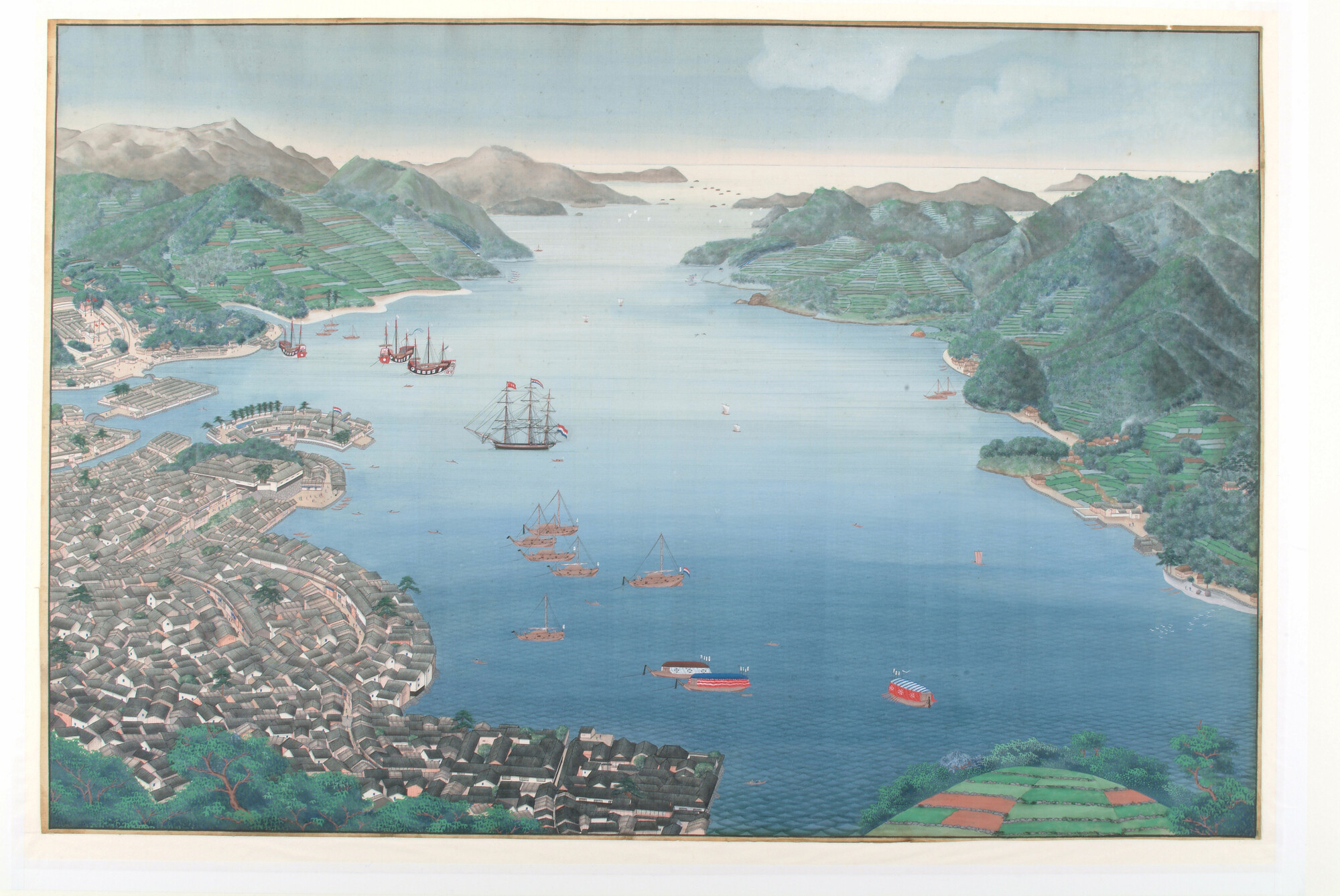 A.2714; De baai van Nagasaki met het eiland Deshima; tekening