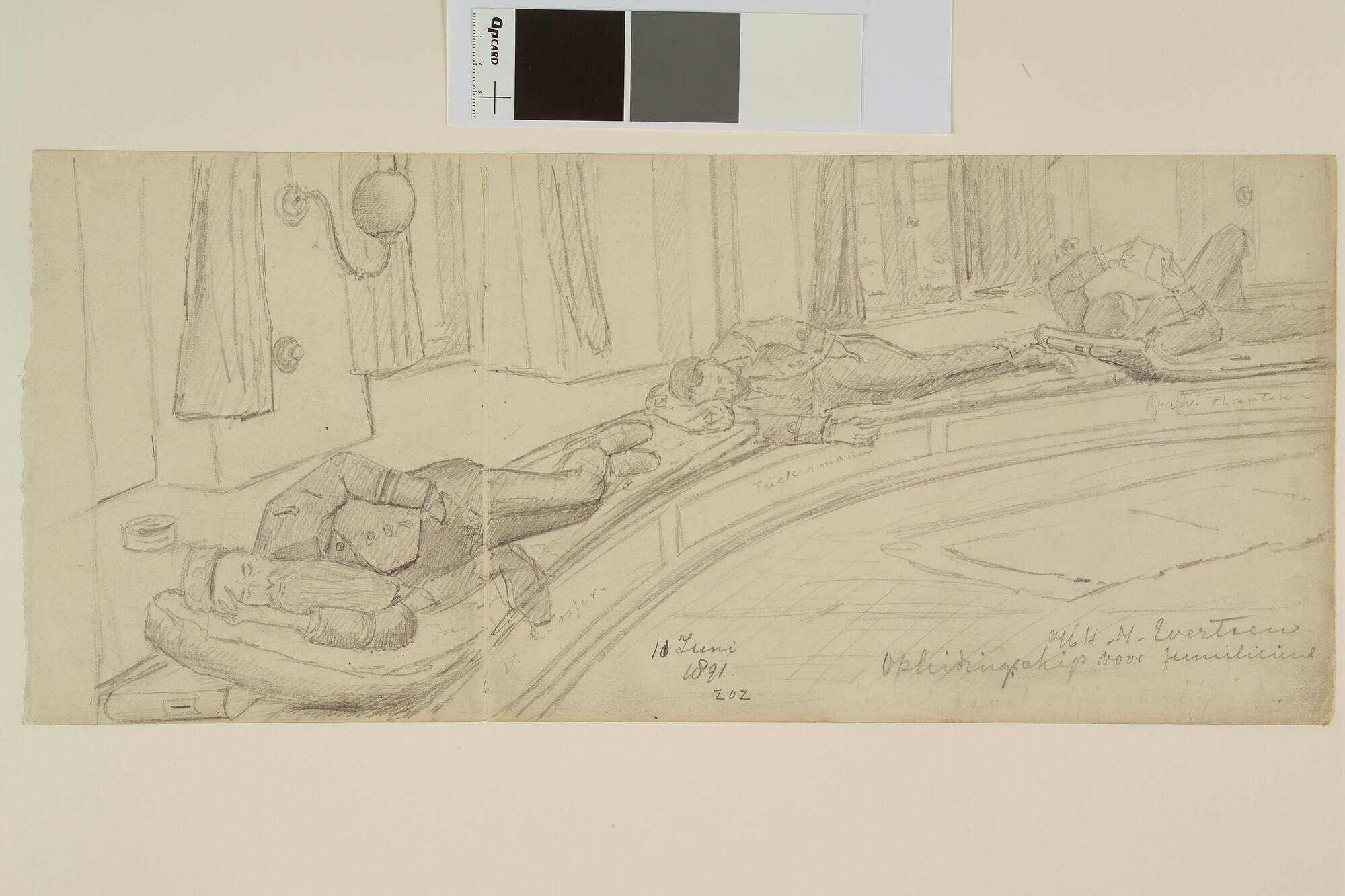 S.1926(01); Rustende officieren aan boord van opleidingsschip Zr.Ms. 'Evertsen'; tekening