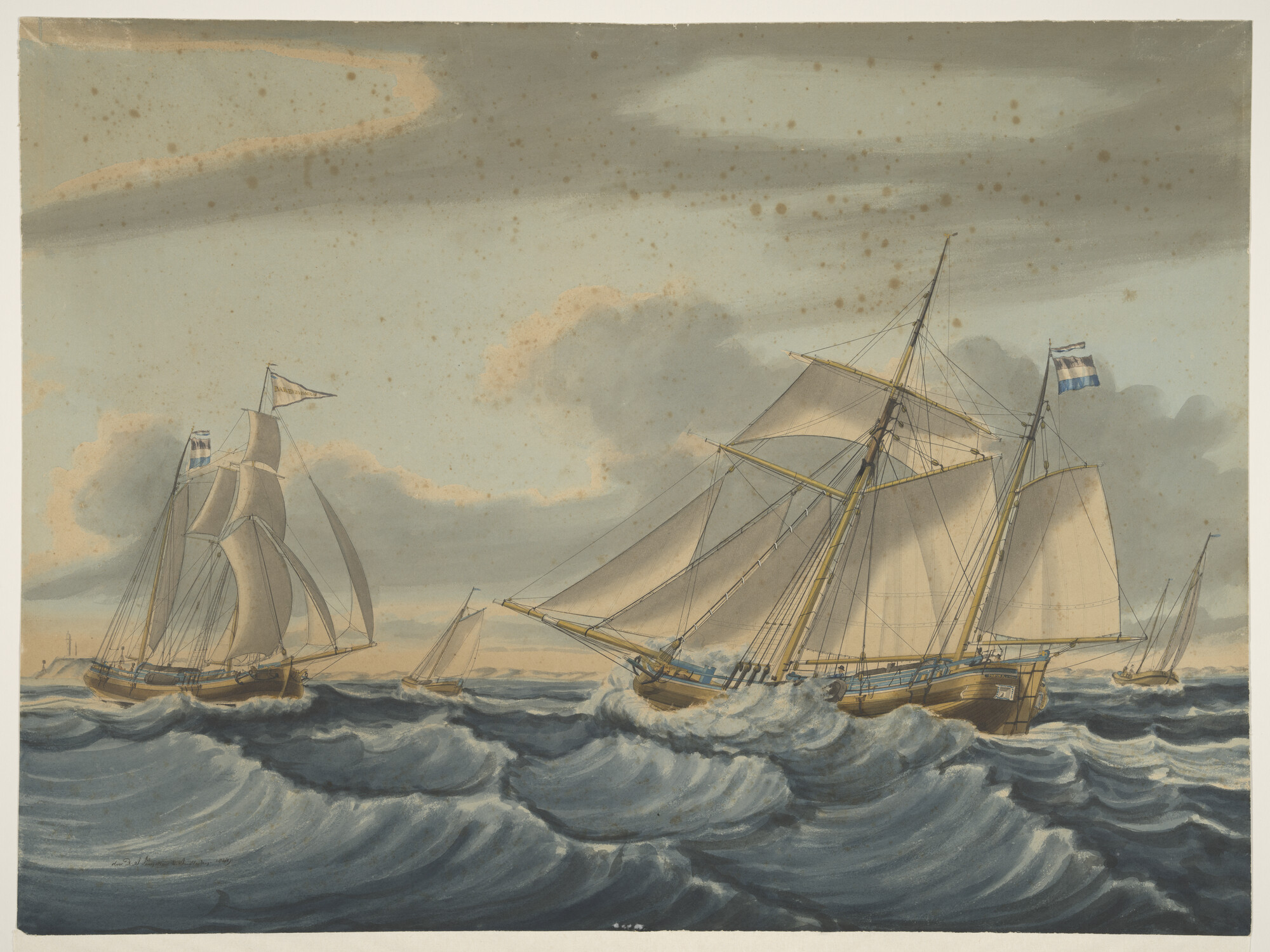 A.1821(02); Het kofschip 'Josina Wilhelmina' ter hoogte van Kijkduin; tekening