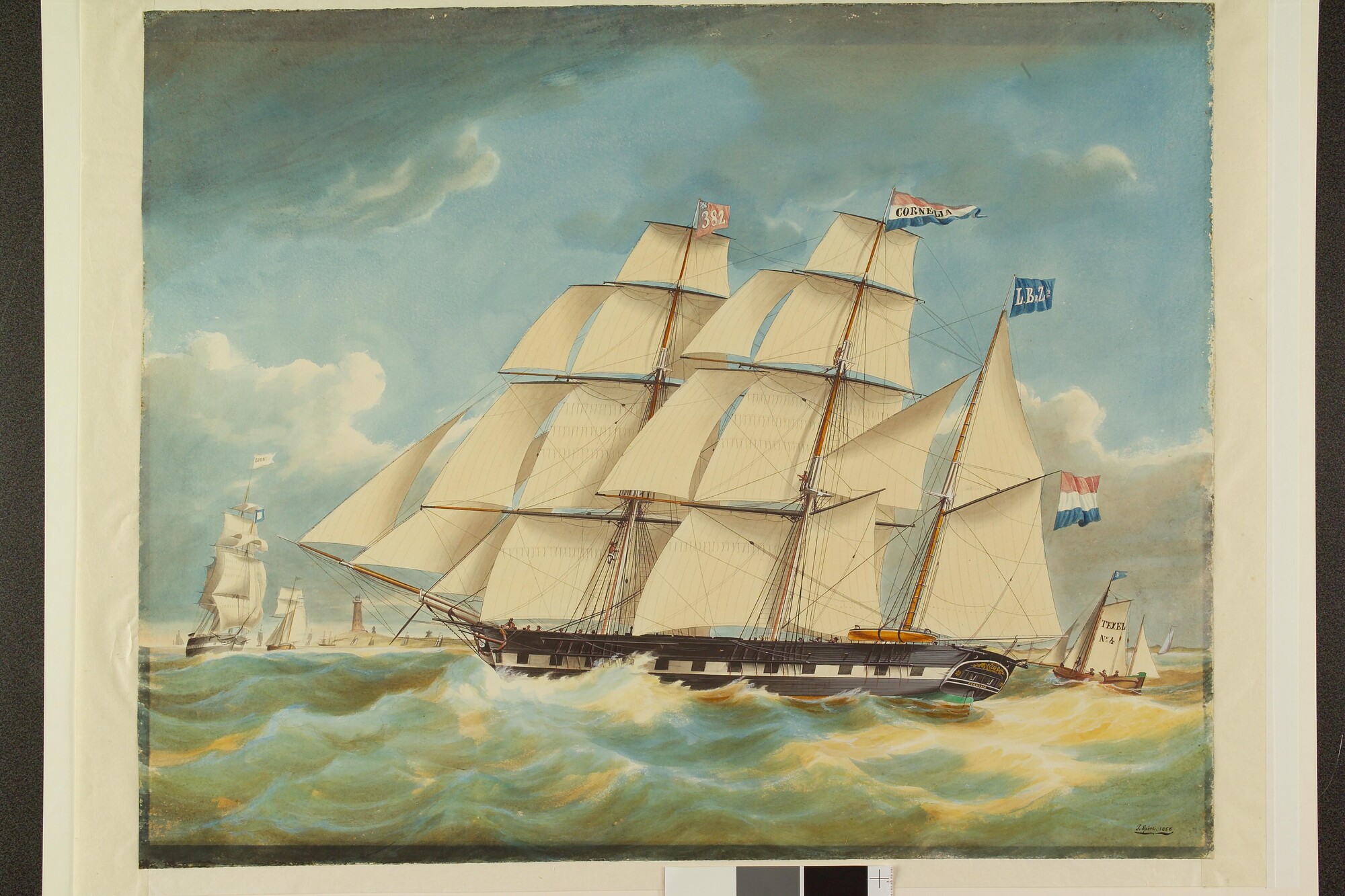 S.1714(03); Het barkschip Cornelia en de loodsboot Texel No 4 op de rede van Texel; tekening