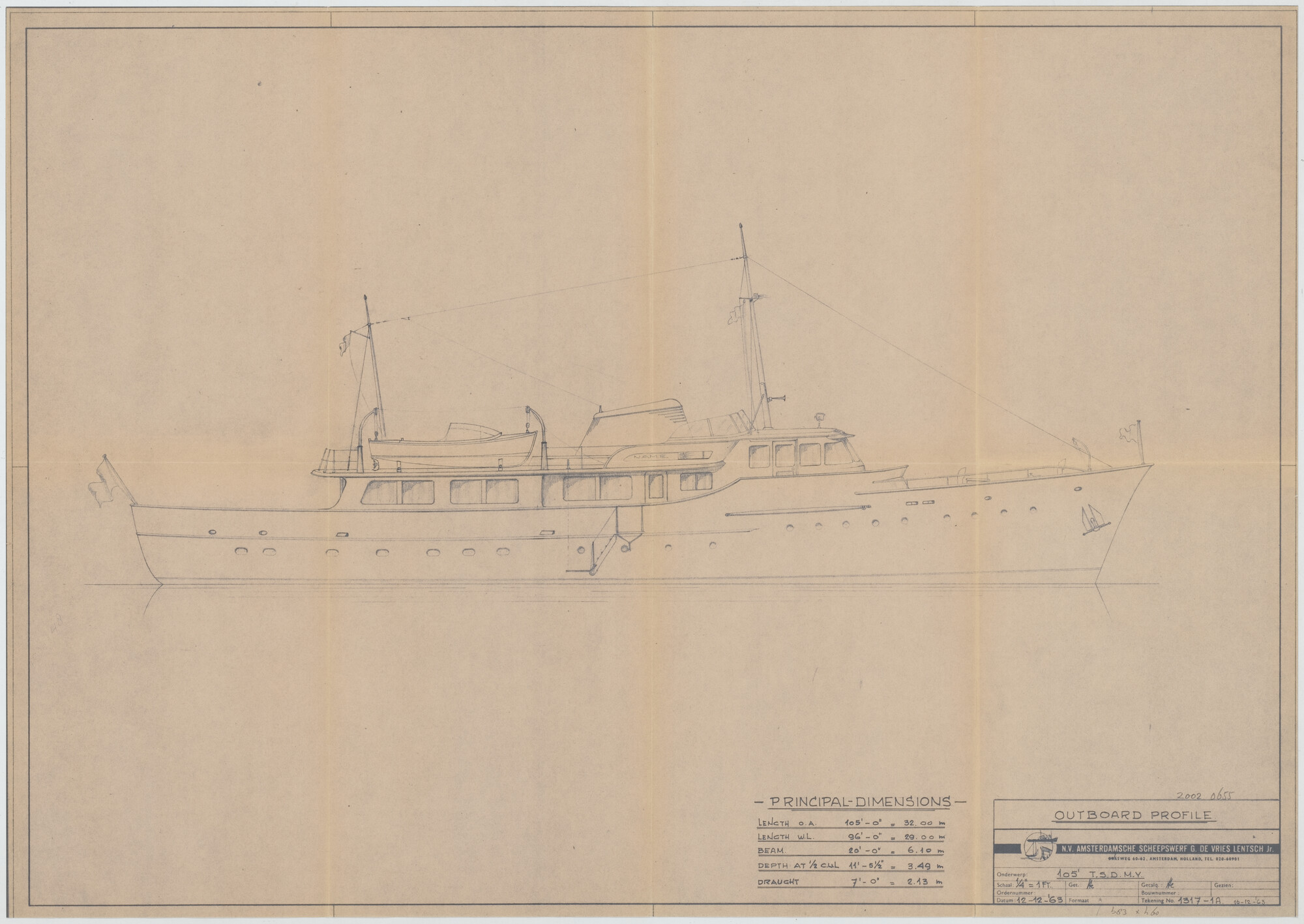 2002.0655; Zijaanzicht van een 105 voets (32 meter) stalen motorjacht; technische tekening