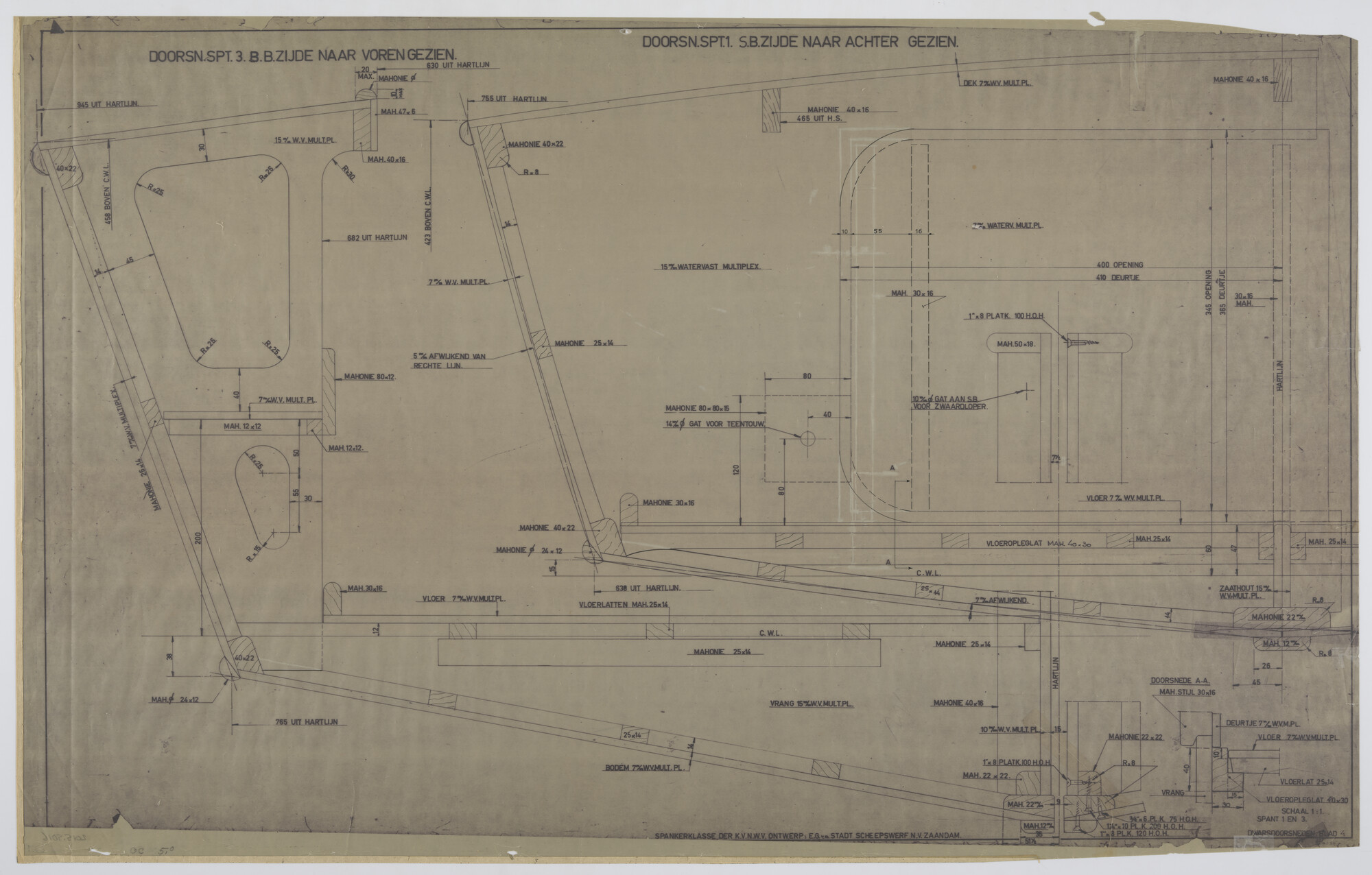 2015.5016; Dwarsdoorsneden over de constructie van de open houten knikspant zeilboot met midzwaard Van de Stadt Spanker; technische tekening