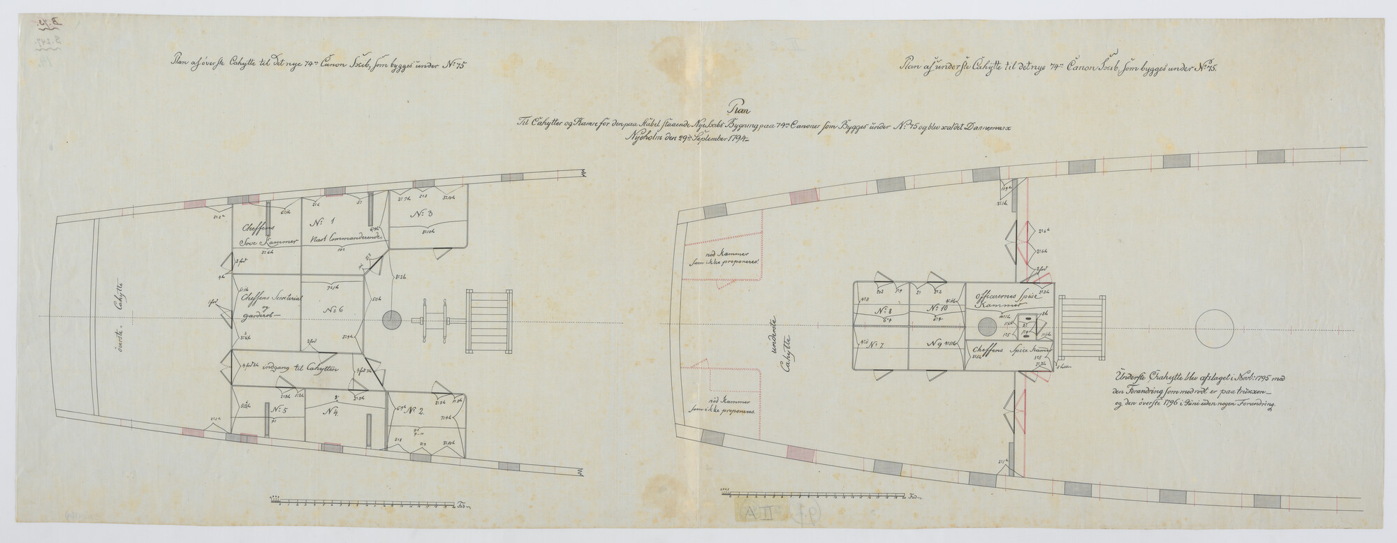 S.0247(14); Indeling achterschip van een Deens oorlogsschip van 74 stukken; technische tekening