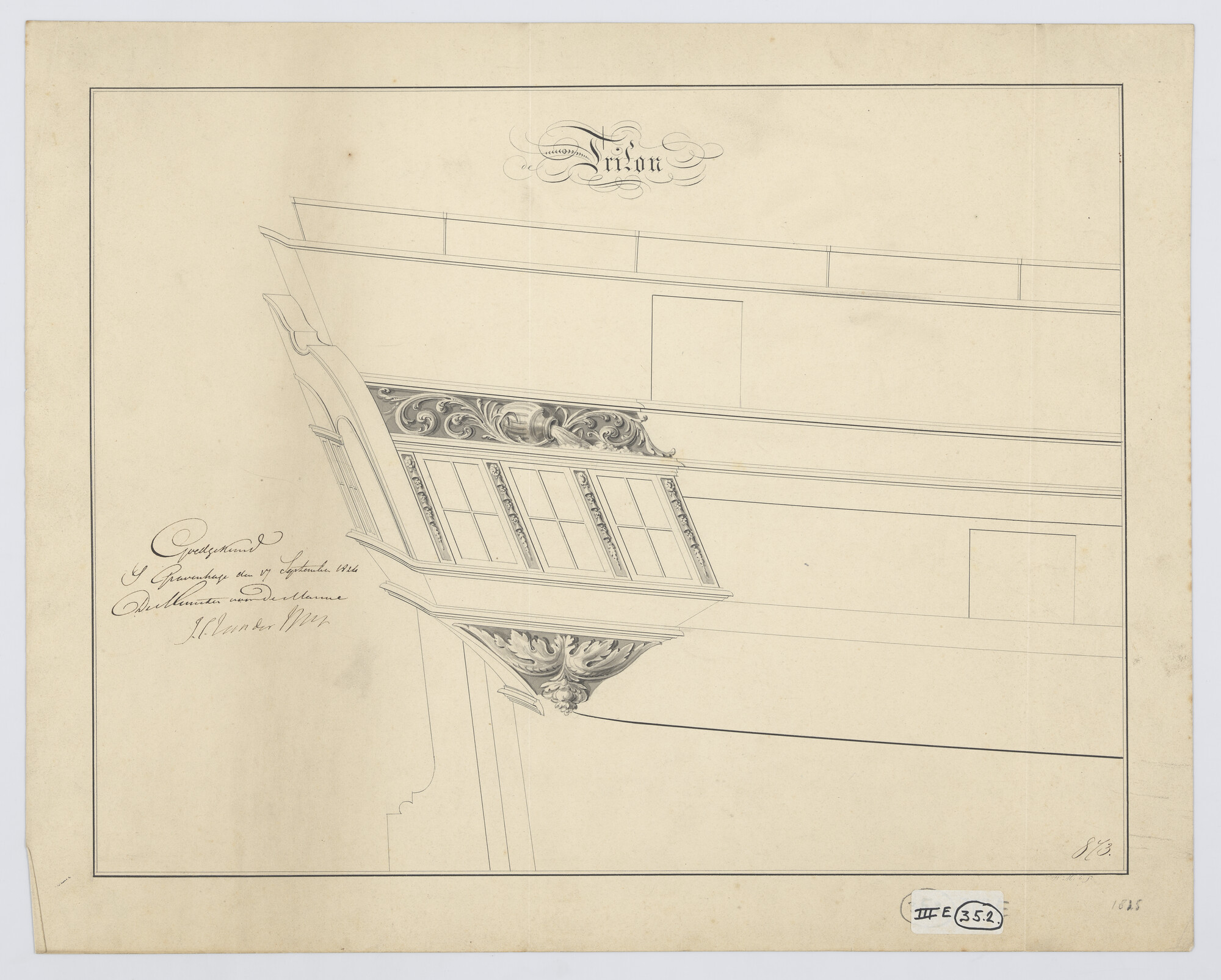 S.1214(0256); Zijgalerij van het kuilkorvet 'Triton'; technische tekening