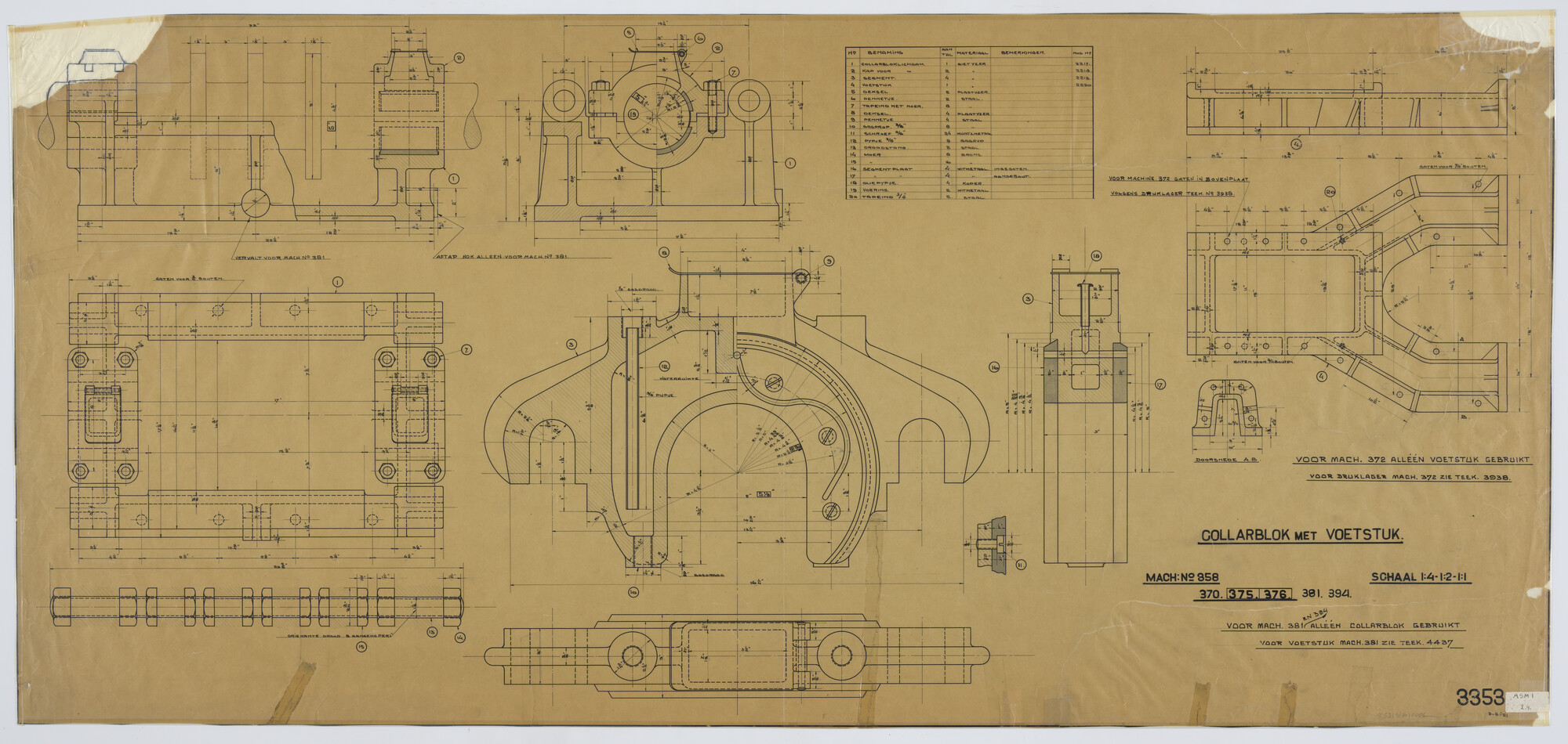 S.5219(04)0006; Collarblok met voetstuk van machine 358, 370, 375, 376, 381, 394; technische tekening