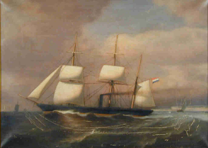 A.0060(01); Het schroefstoomschip 4e klasse Zr.Ms. Riouw varend onder stoom en zeil; schilderij