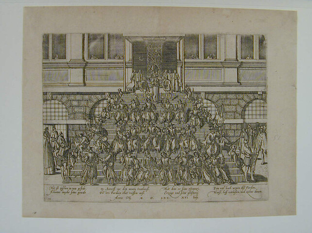 A.0145(027)114; Pardon te Antwerpen vanaf het bordes van het stadhuis afgekondigd; prent
